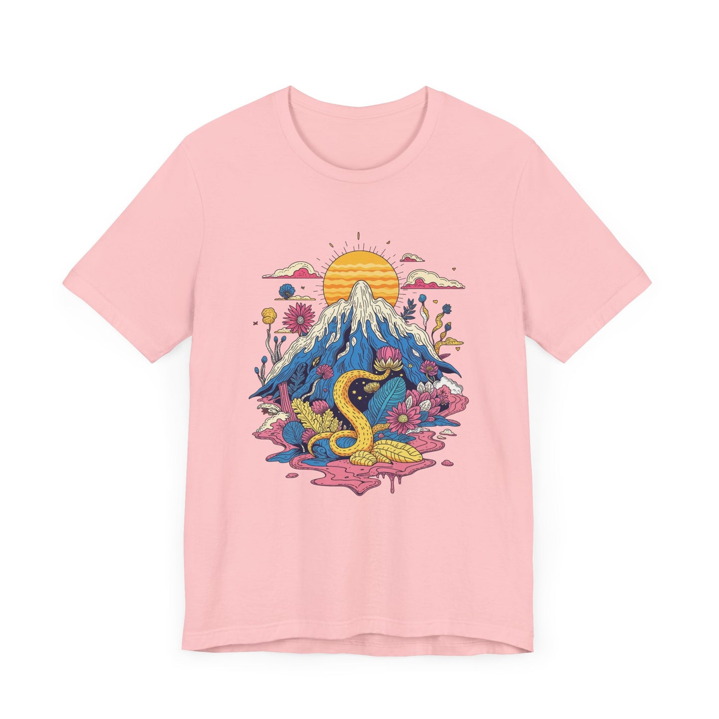 Psychological Jungle Mountain – Psychedelic Sun and Jungle Landscape Graphic T-Shirt