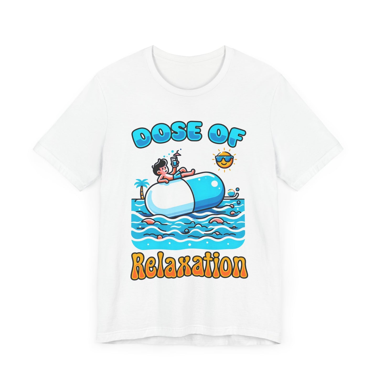 Dose of Relaxation | Boy Sitting on Pill Floating on Water with Drink, Sun & Palm Tree Graphic T-Shirt