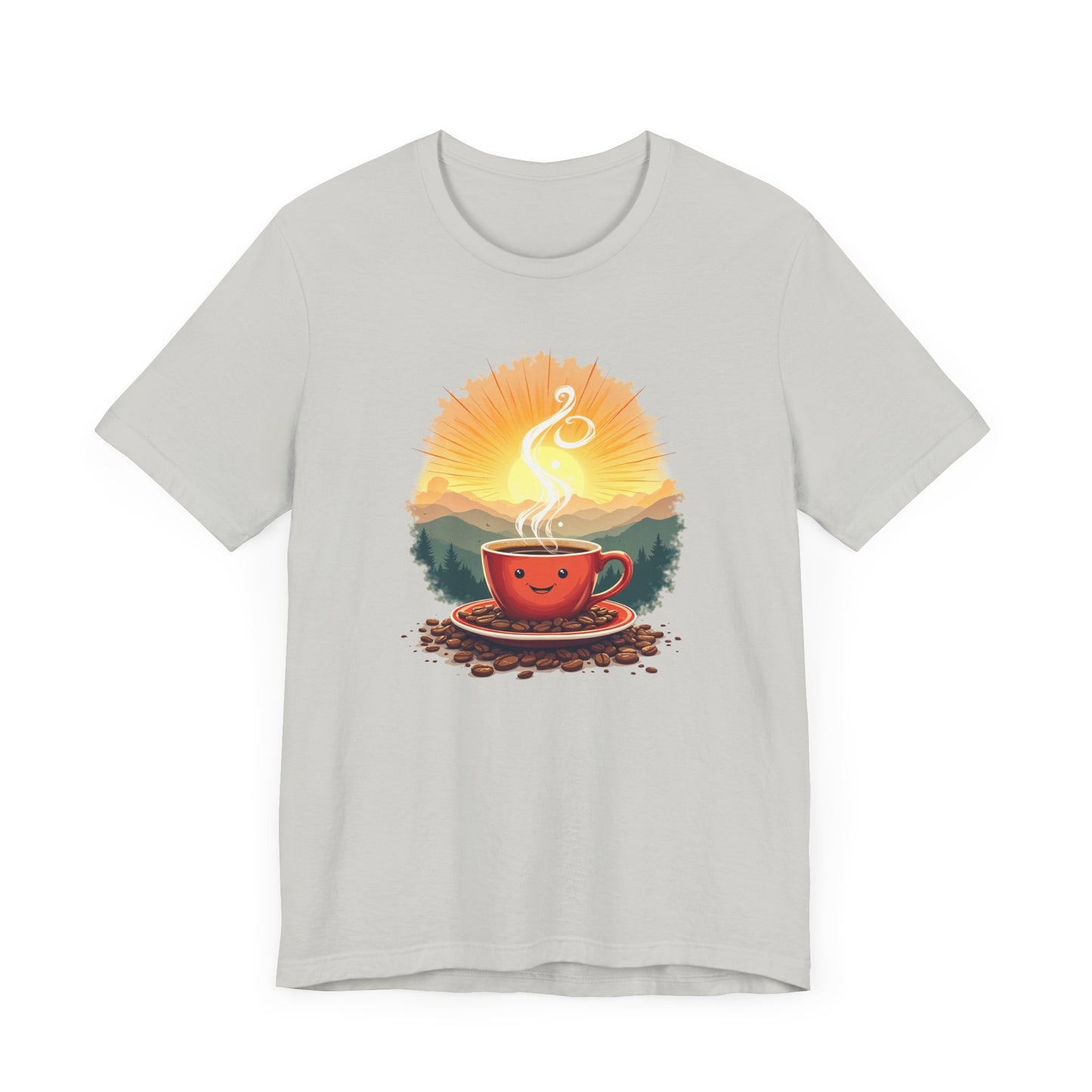 Sunrise Coffee Cup with Coffee Beans and Radiant Morning Glow Graphic T-Shirt