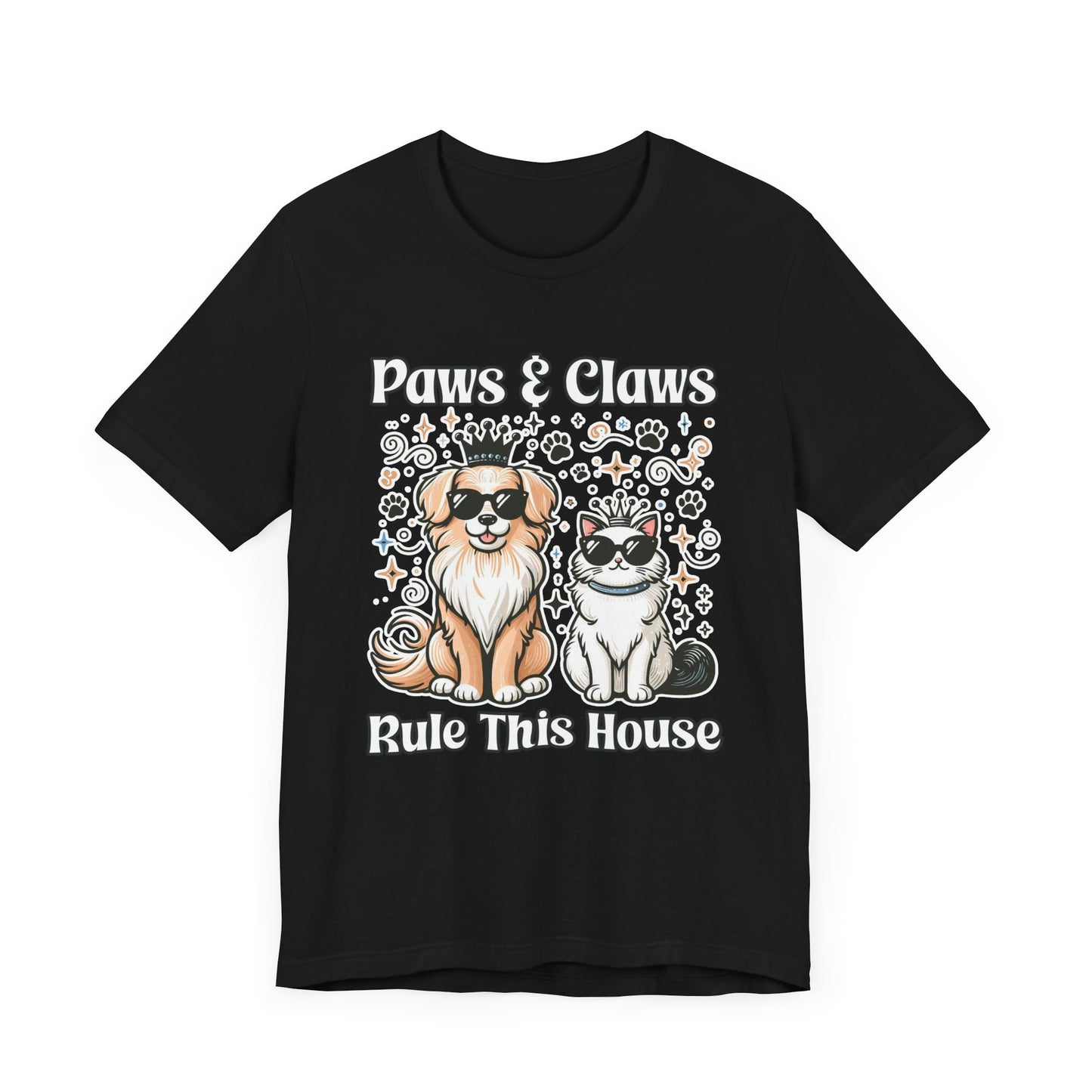 Paws and Claws Rule the House | Smiling Dog & Cat with Paw Shapes T-Shirt