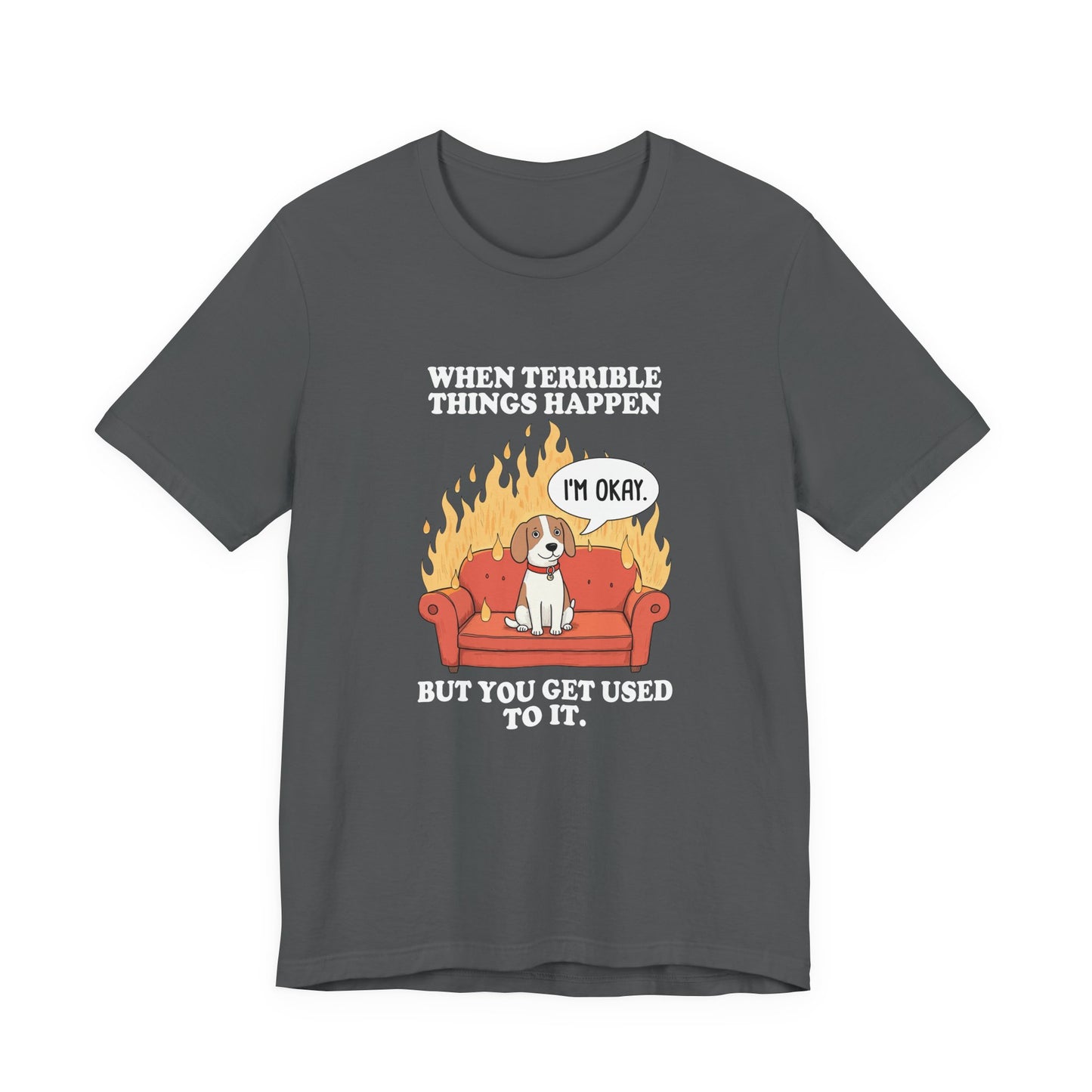 When Terrible Things Happen But You Get Used To It – Calm Dog on Burning Sofa Graphic T-Shirt