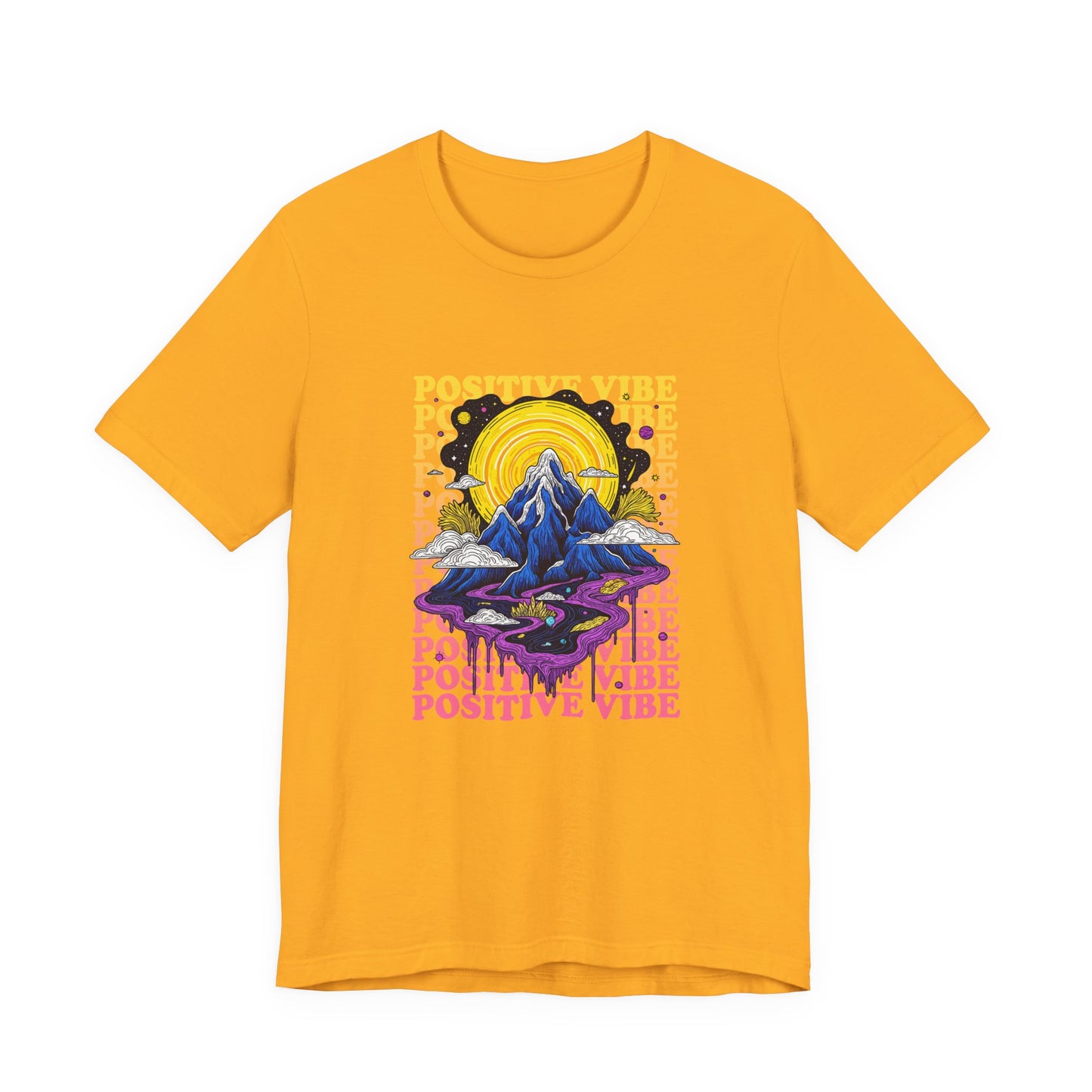 Positive Vibes – Cosmic Sun and Solar System Drip Graphic T-Shirt
