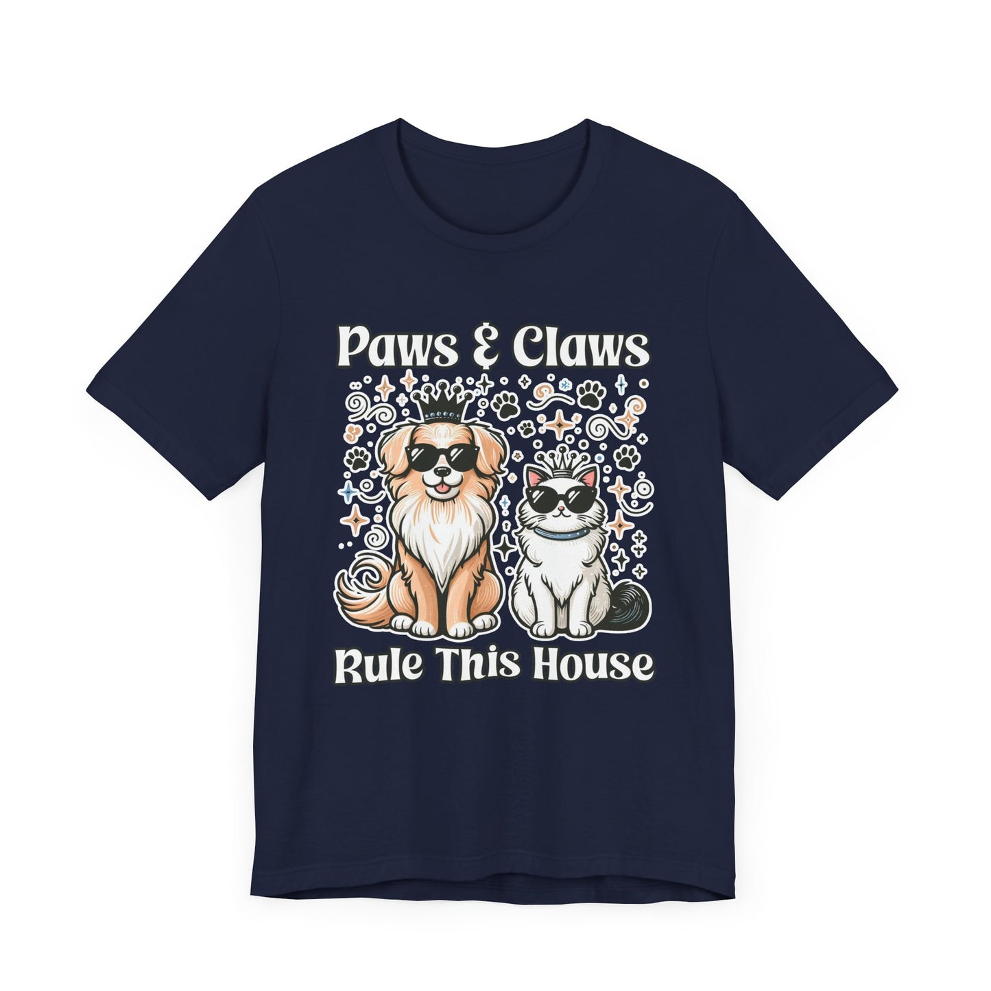 Paws and Claws Rule the House | Smiling Dog & Cat with Paw Shapes T-Shirt