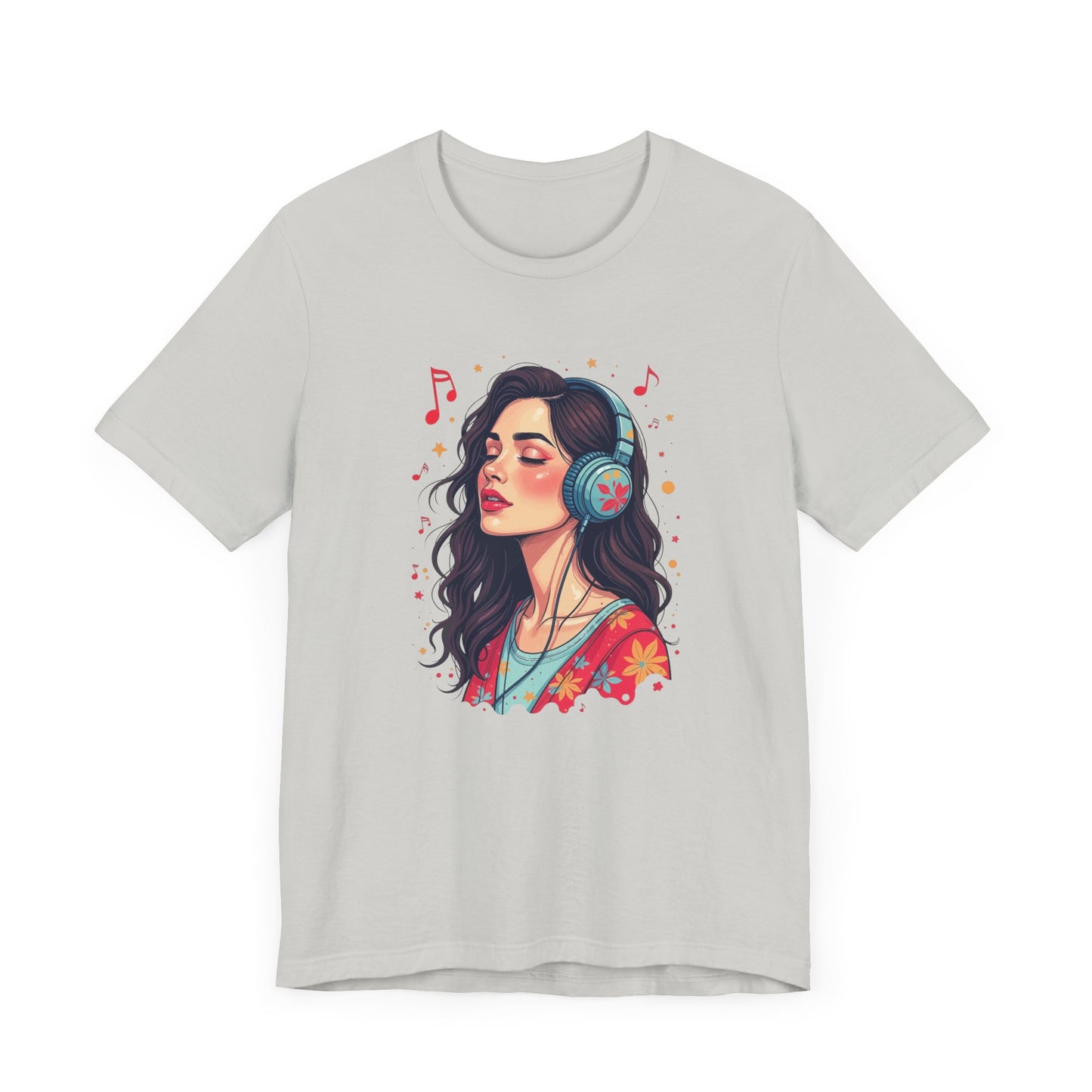 Quietly Loud – Woman with Headphones, Leaf Pattern Dress & Expressive Music Notes Graphic T-Shirt