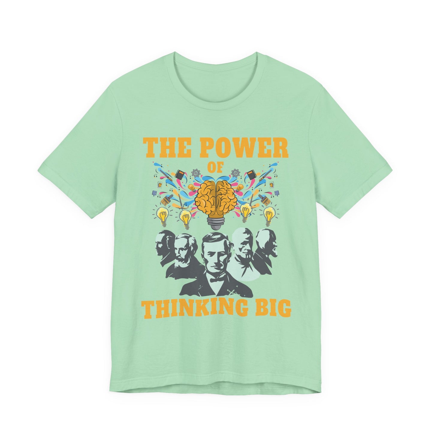 The Power of Thinking Big Tshirt – Brain with Great Scientists and Glowing Bulb Graphic