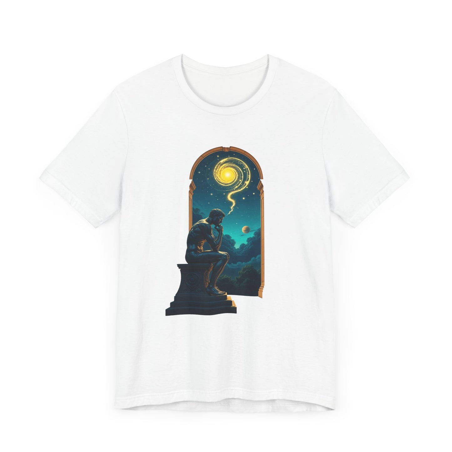 Muscular Statue Deep in Thought on Stage with Scenic Window View Graphic T-Shirt