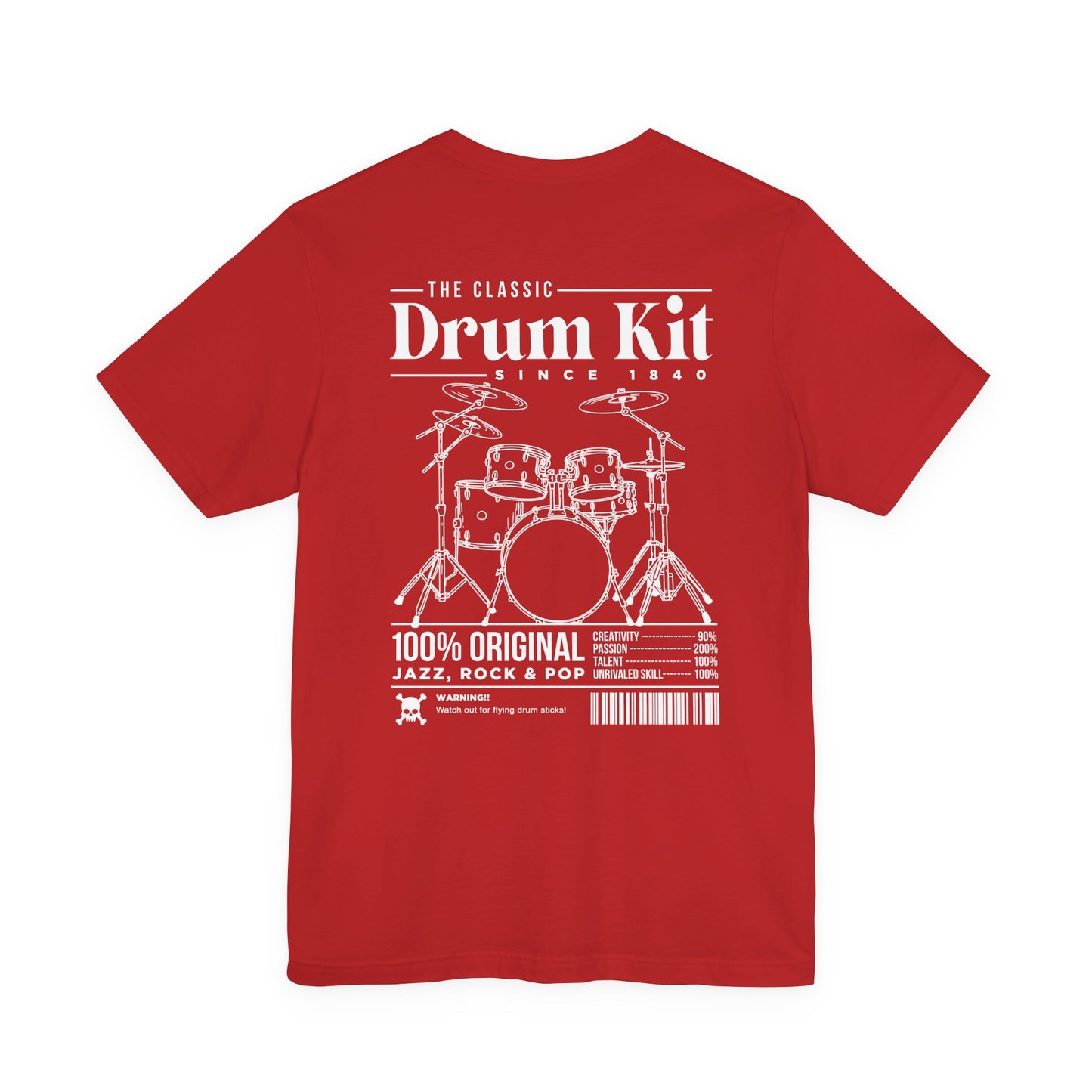 The Classic Drum Kit T-Shirt – Vintage Design with Bold Music Stats & Warning