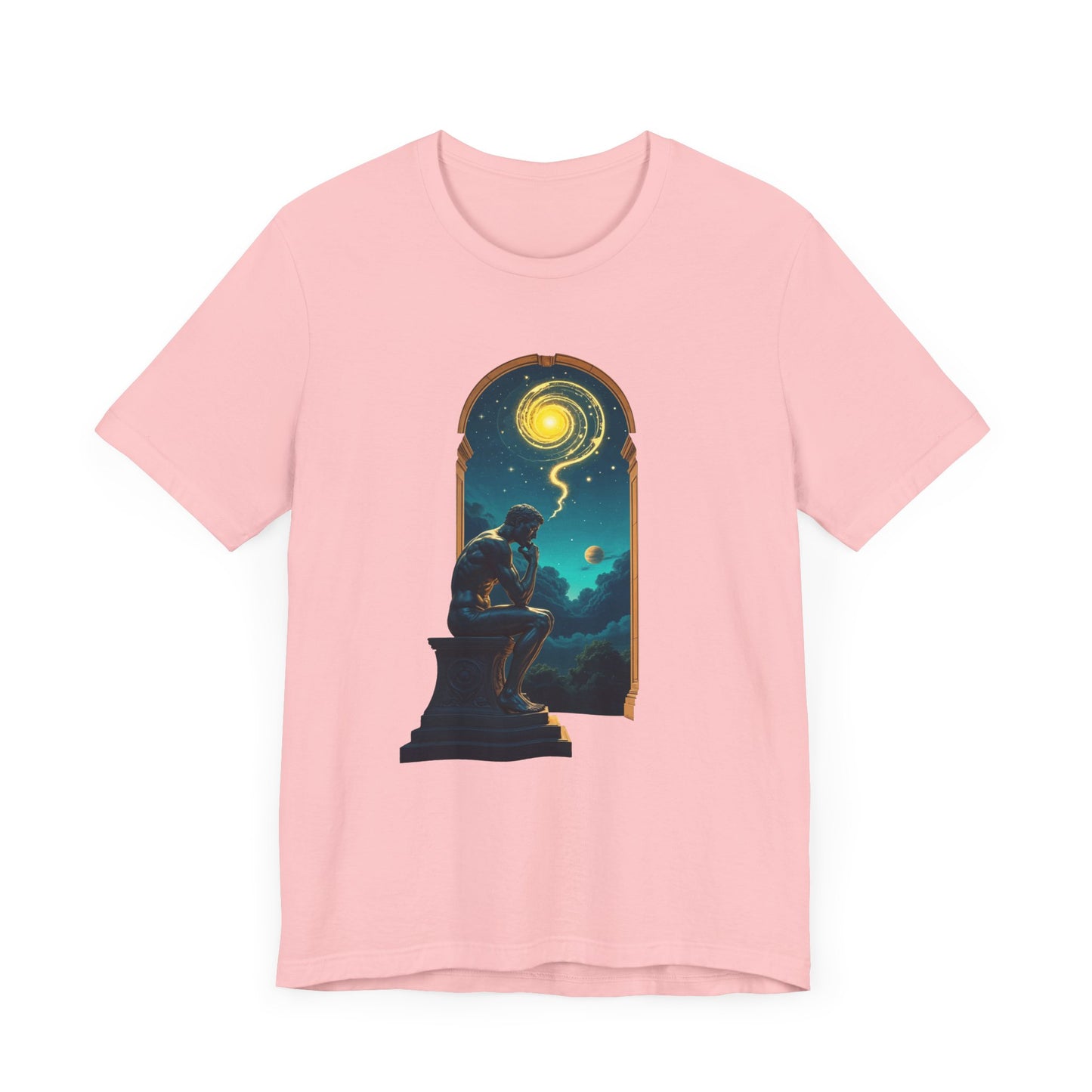 Muscular Statue Deep in Thought on Stage with Scenic Window View Graphic T-Shirt