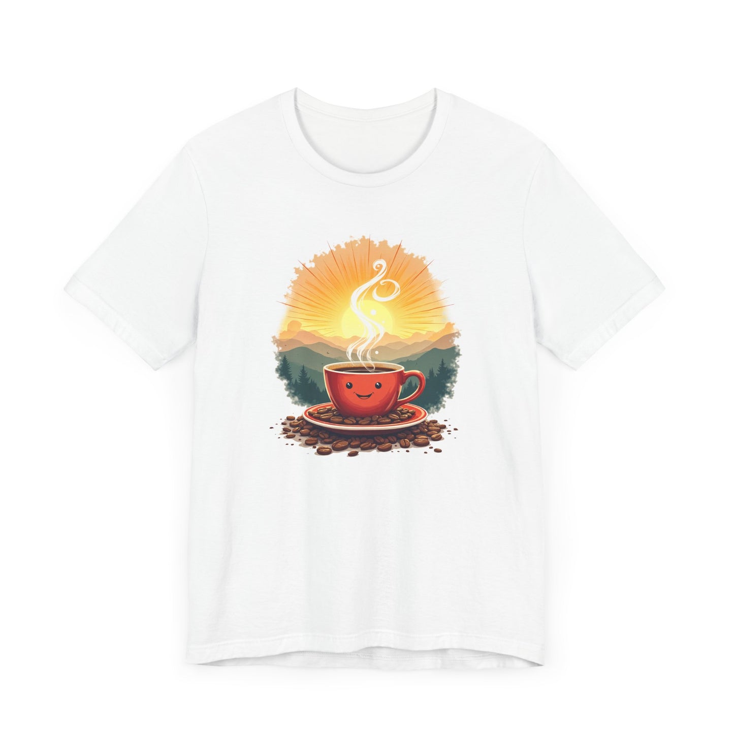 Sunrise Coffee Cup with Coffee Beans and Radiant Morning Glow Graphic T-Shirt