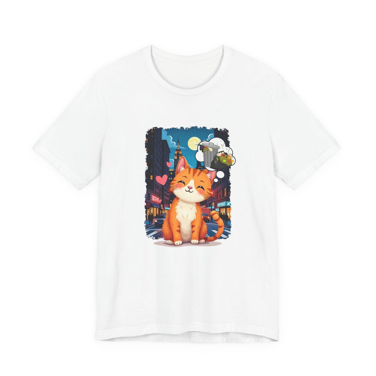 City Cat Dreams – Happy Orange Cat with Urban Garbage Thought Bubble Graphic T-Shirt