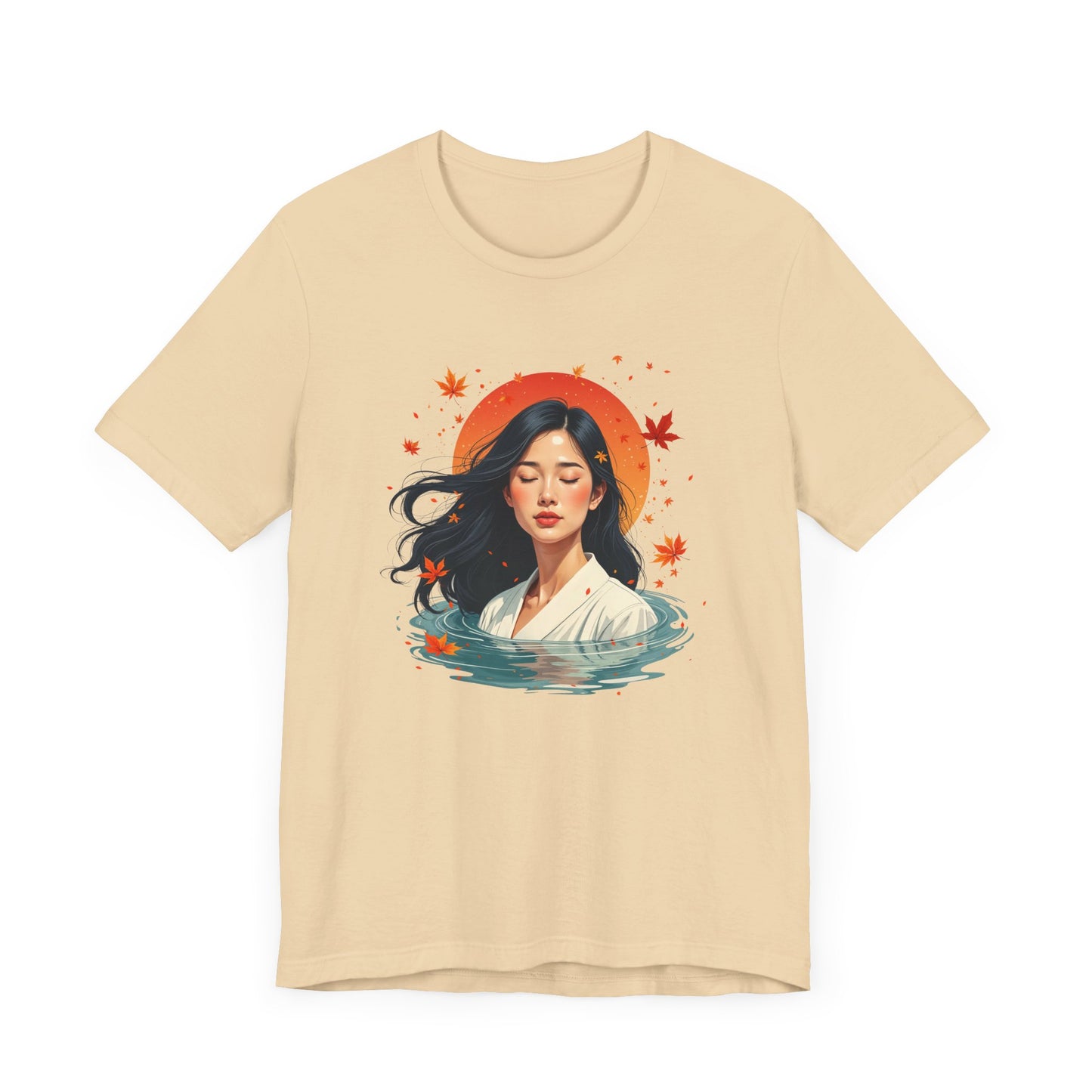 Serene Woman in White Dress Chest-Deep in Water with Sunset and Falling Leaves Graphic T-Shirt