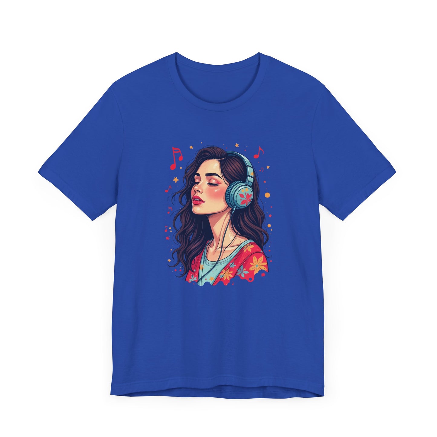 Quietly Loud – Woman with Headphones, Leaf Pattern Dress & Expressive Music Notes Graphic T-Shirt