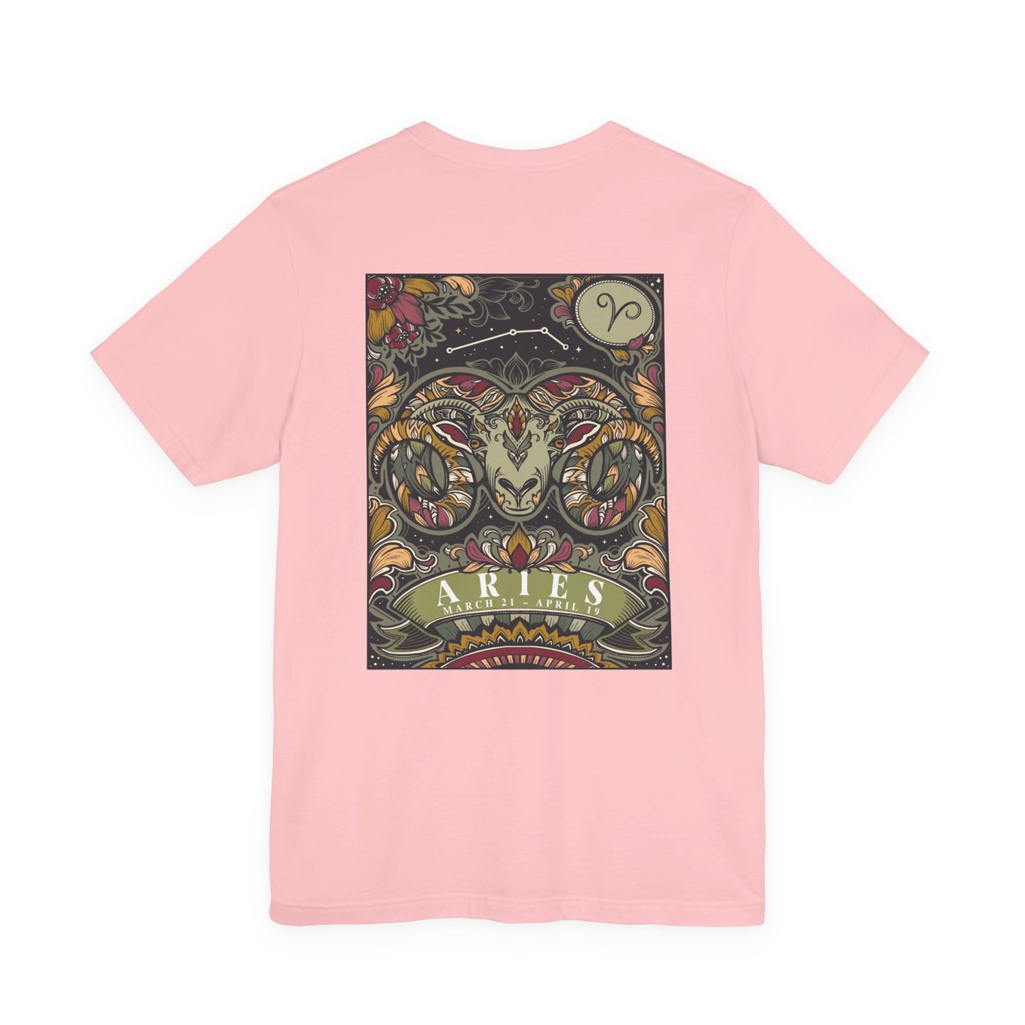 Aries Zodiac T-Shirt – Ram Head with Constellation and Floral Background