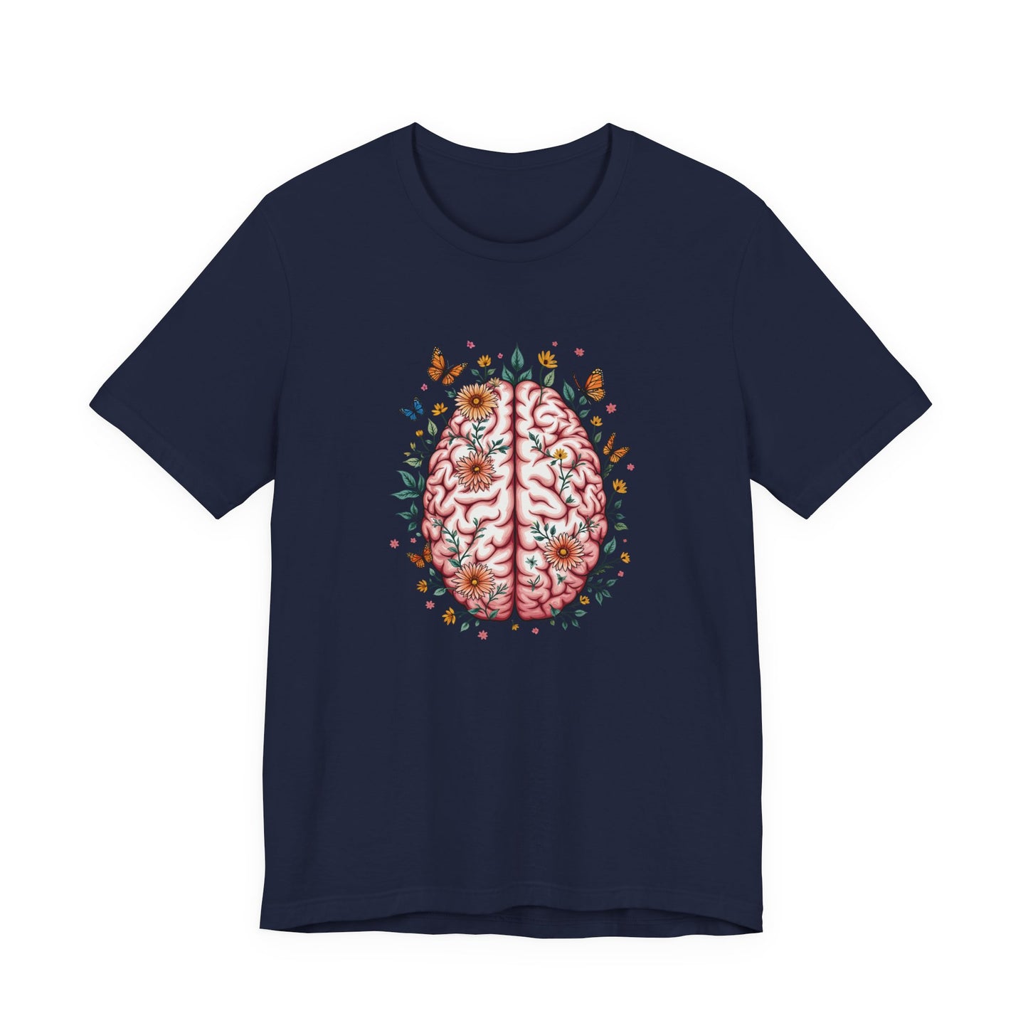 Human Brain with Flowers and Butterflies Tshirt – Artistic Floral Brain Graphic