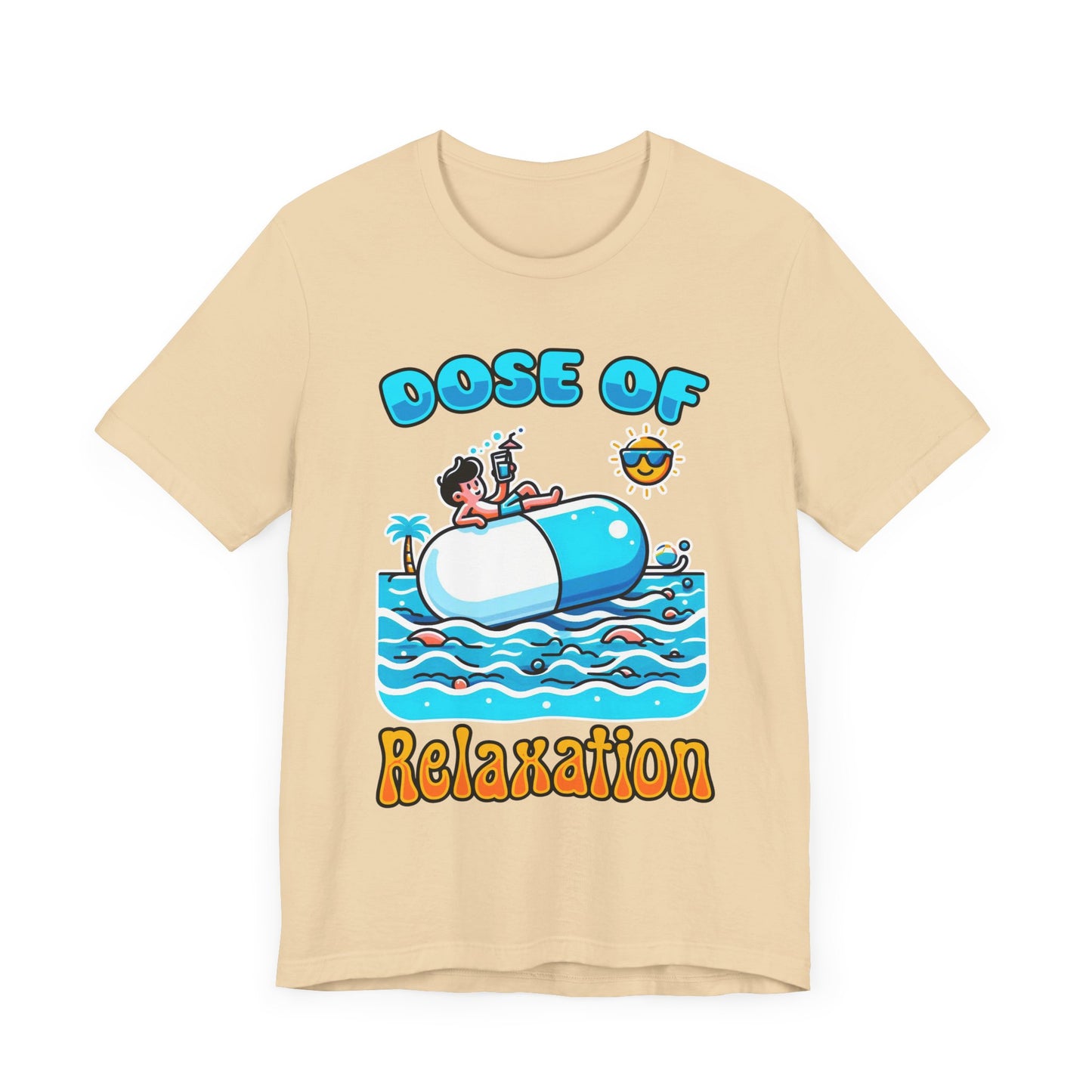 Dose of Relaxation | Boy Sitting on Pill Floating on Water with Drink, Sun & Palm Tree Graphic T-Shirt