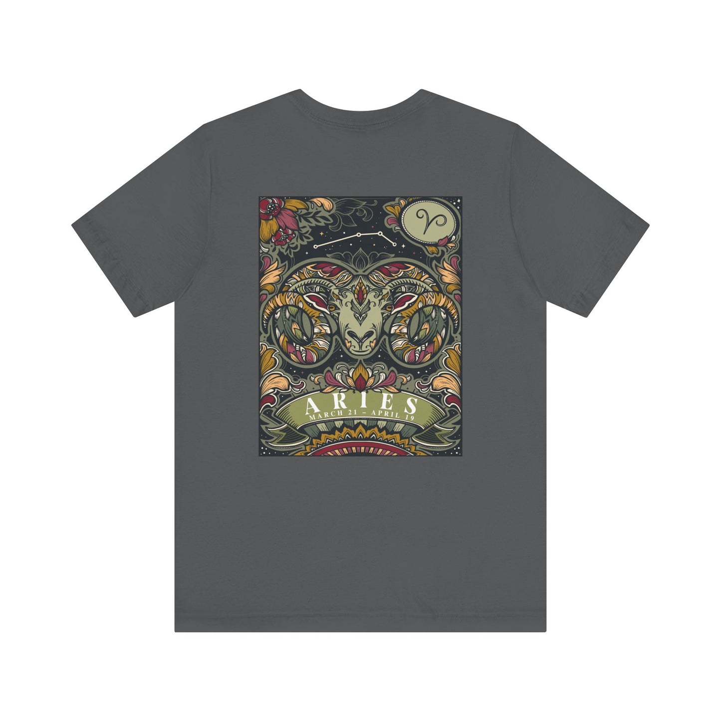 Aries Zodiac T-Shirt – Ram Head with Constellation and Floral Background