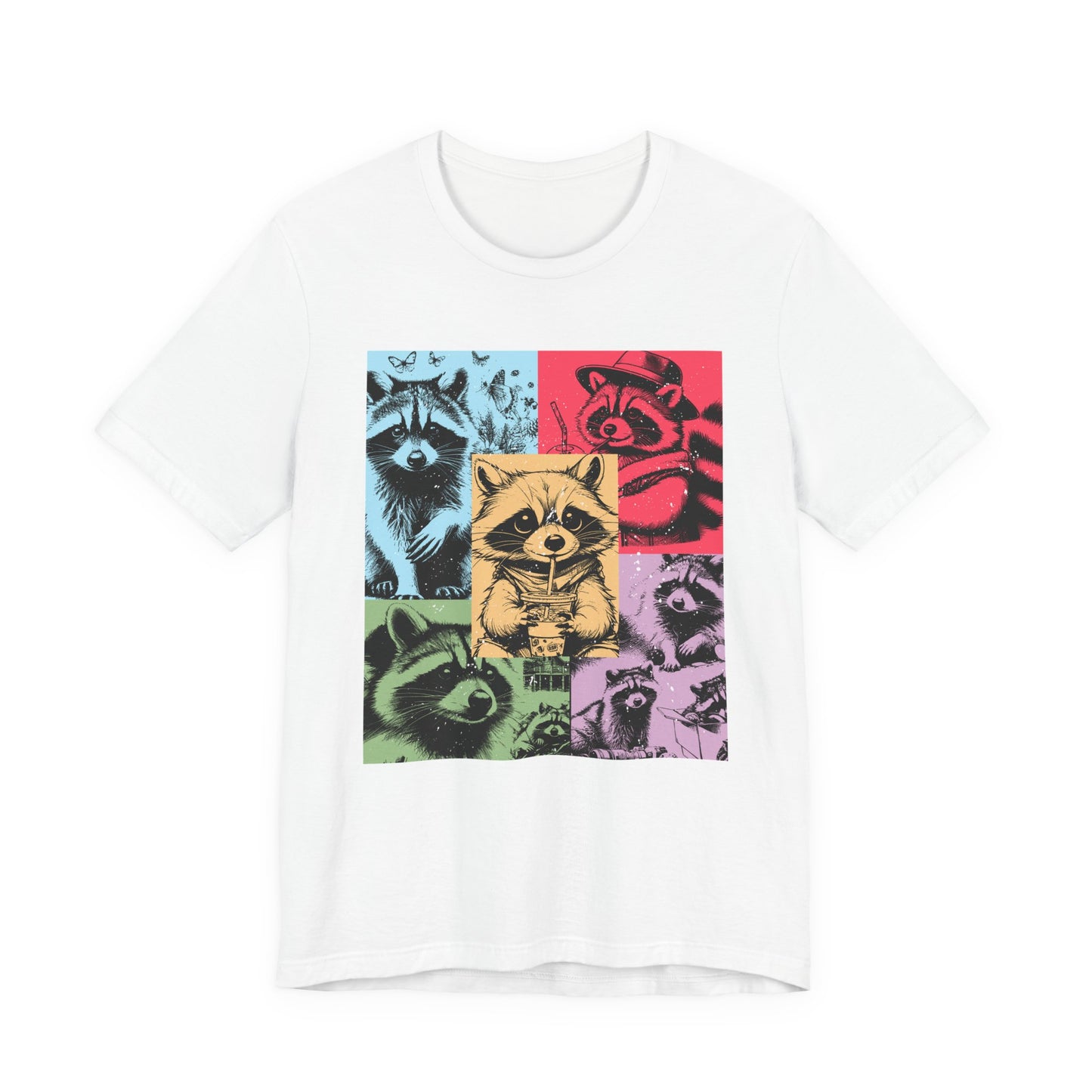 Colorful Raccoons T-Shirt – Playful Multi-Color Raccoons with Sipping Raccoon Graphic