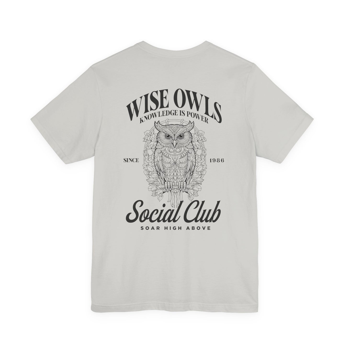 Wise Owl Social Club T-Shirt – Calm Owl on Branch with Empowering Text