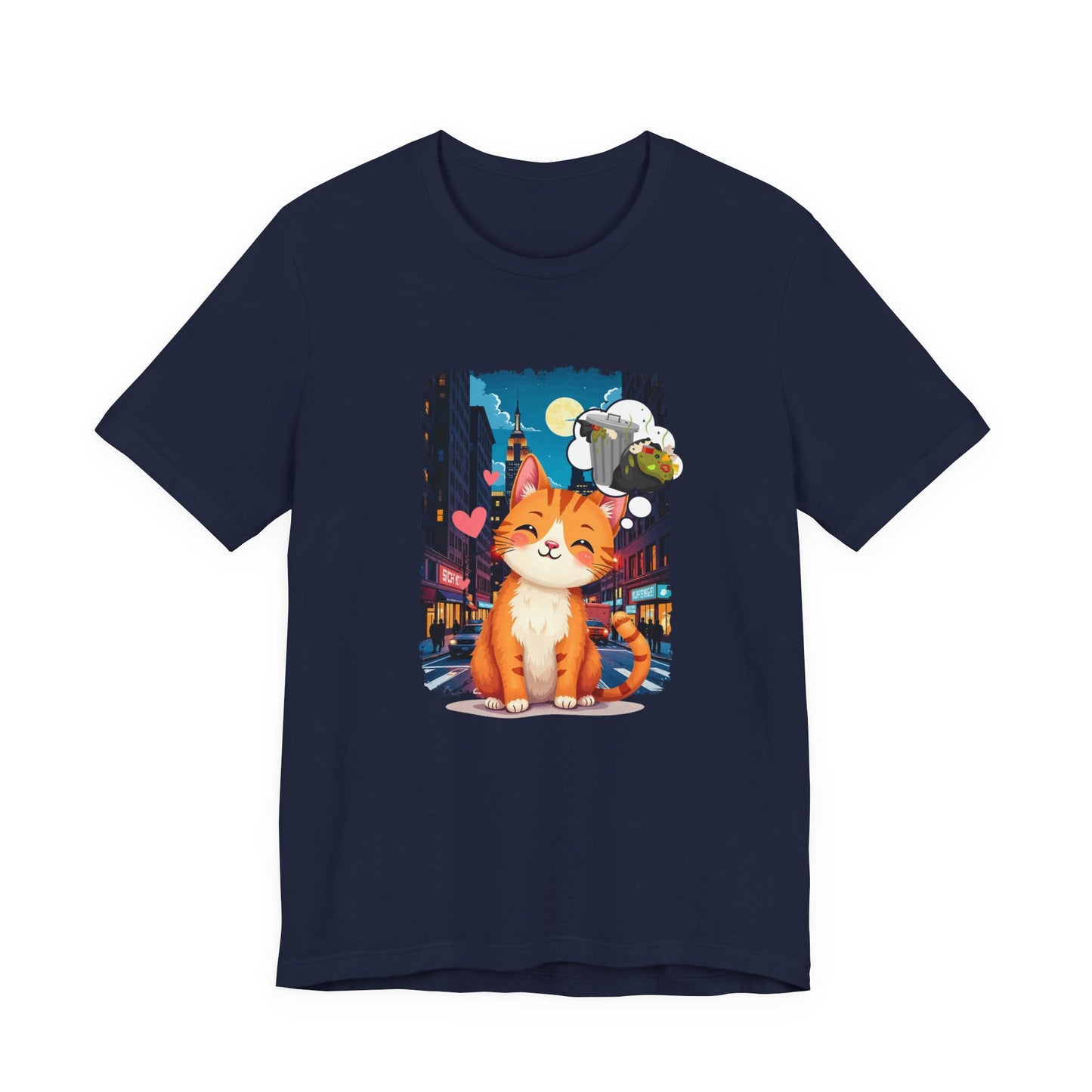 City Cat Dreams – Happy Orange Cat with Urban Garbage Thought Bubble Graphic T-Shirt