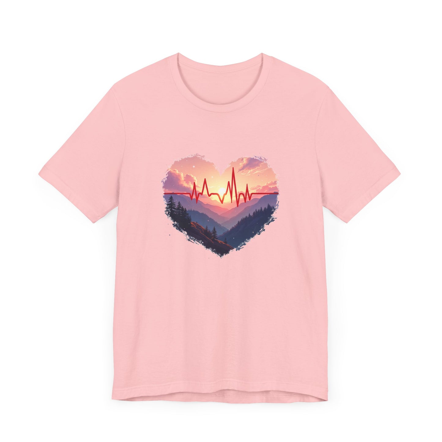 Heart-Shaped Majestic Mountains Landscape with Bold Red Lifeline Graphic T-Shirt