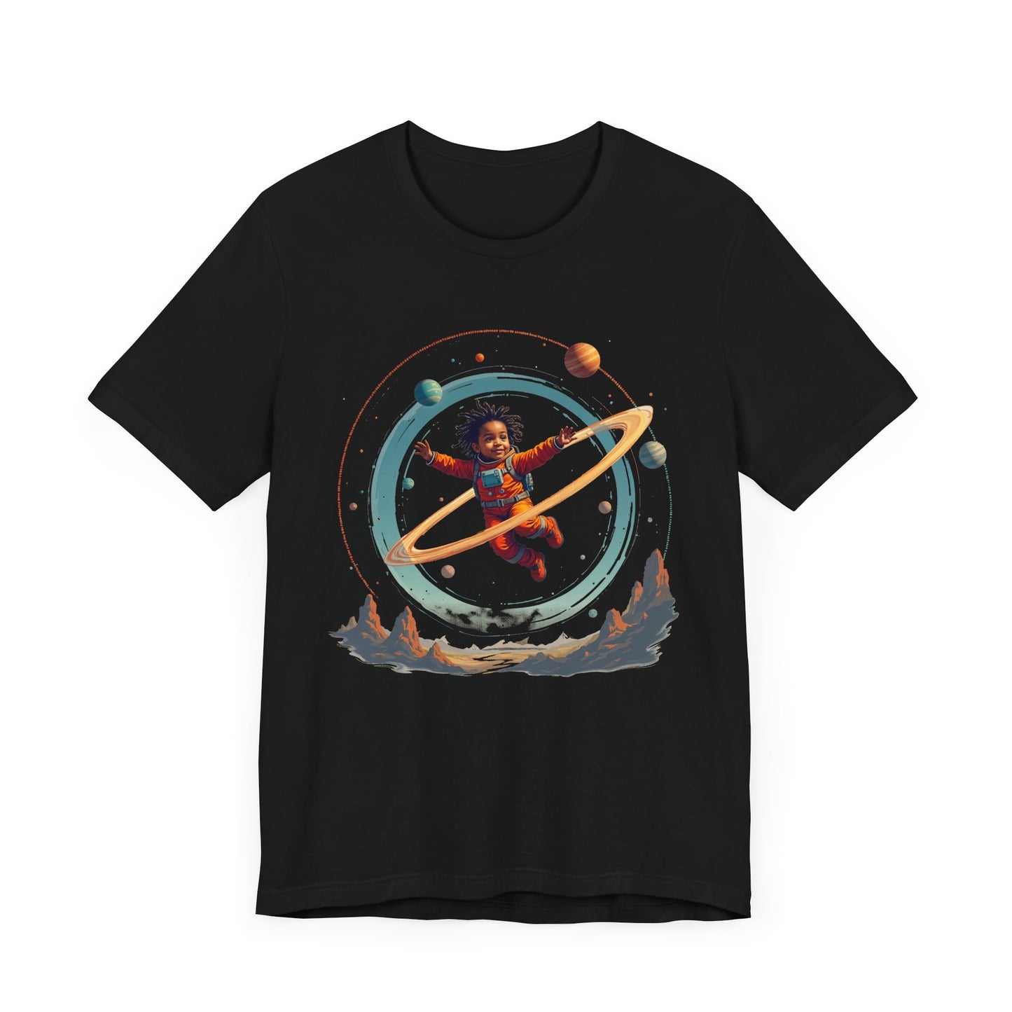 Toddler Flying in Spacesuit with Revolving Planets Space Adventure Graphic T-Shirt