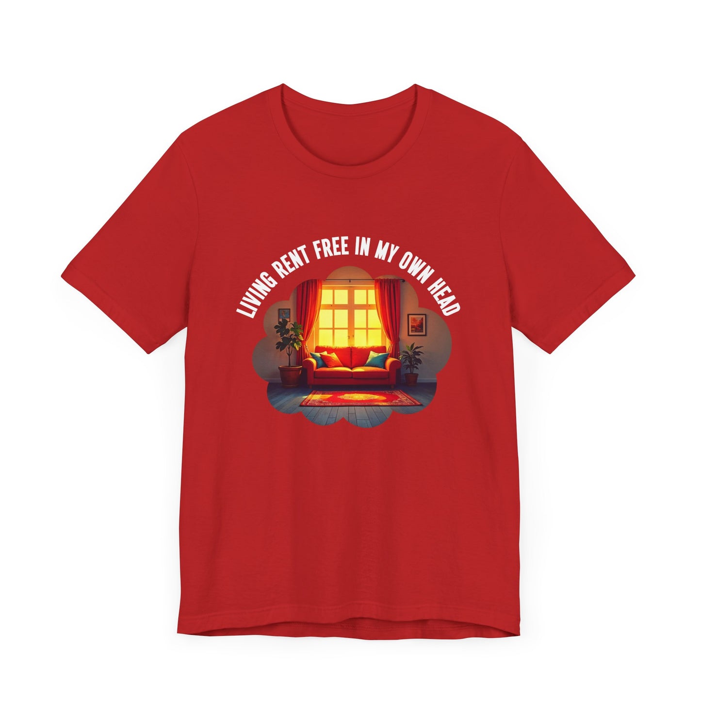 Living Rent Free in My Own Head – Cozy Living Room with Sofa & Sunlit Window Graphic T-Shirt