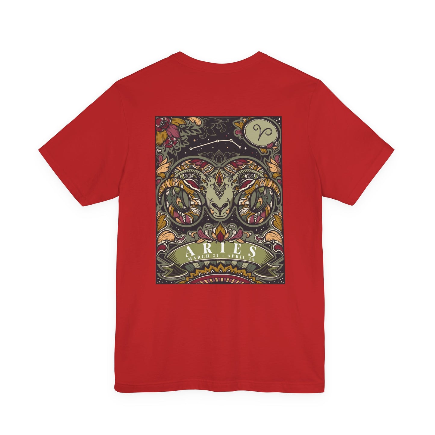 Aries Zodiac T-Shirt – Ram Head with Constellation and Floral Background