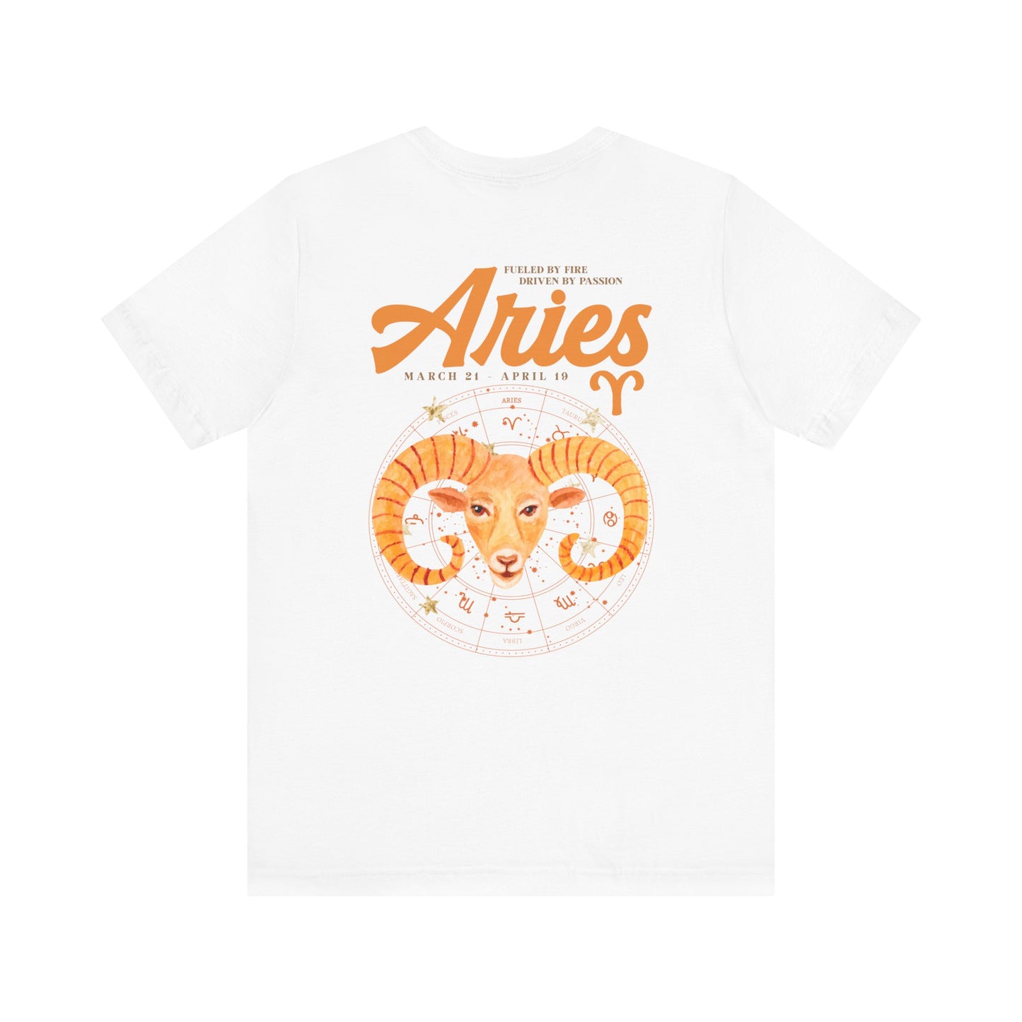 Aries Fueled by Fire T-Shirt – Ram Head with Zodiac Astrological Wheel