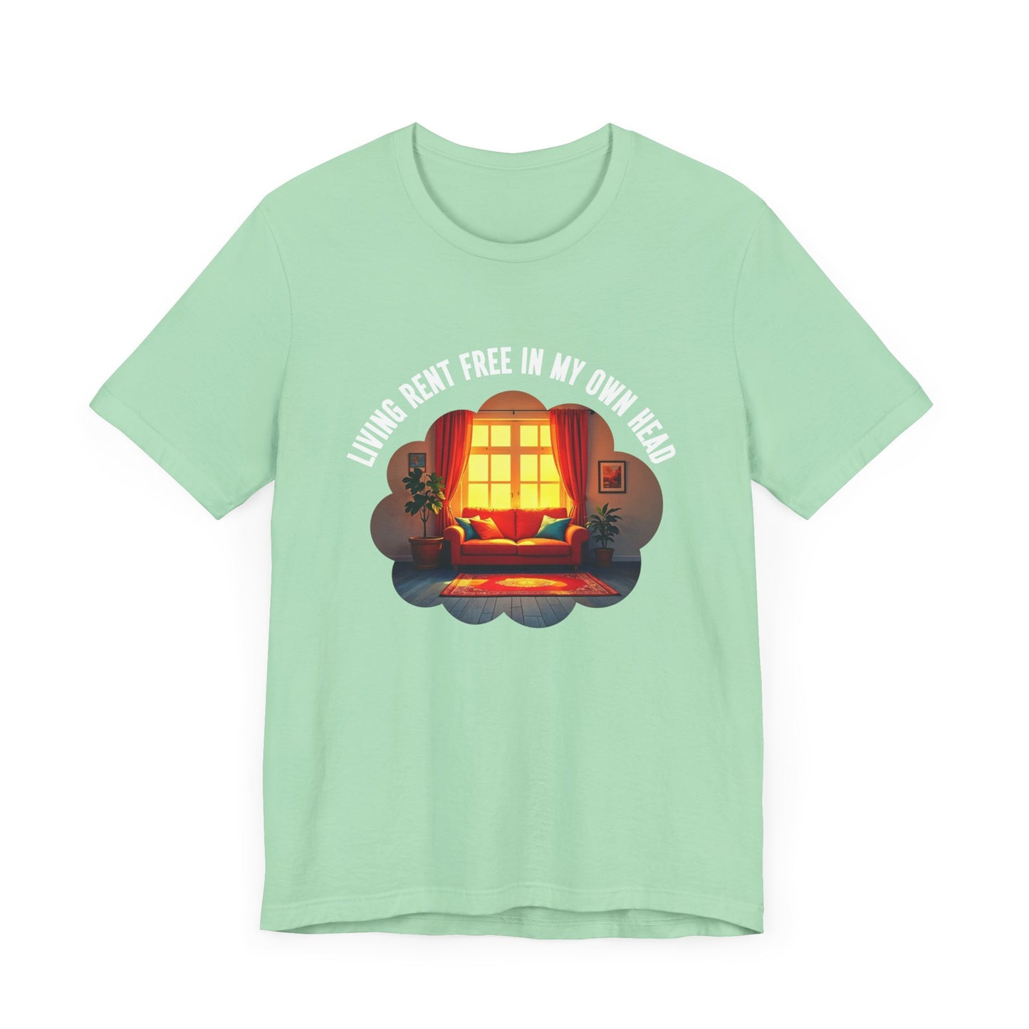 Living Rent Free in My Own Head – Cozy Living Room with Sofa & Sunlit Window Graphic T-Shirt