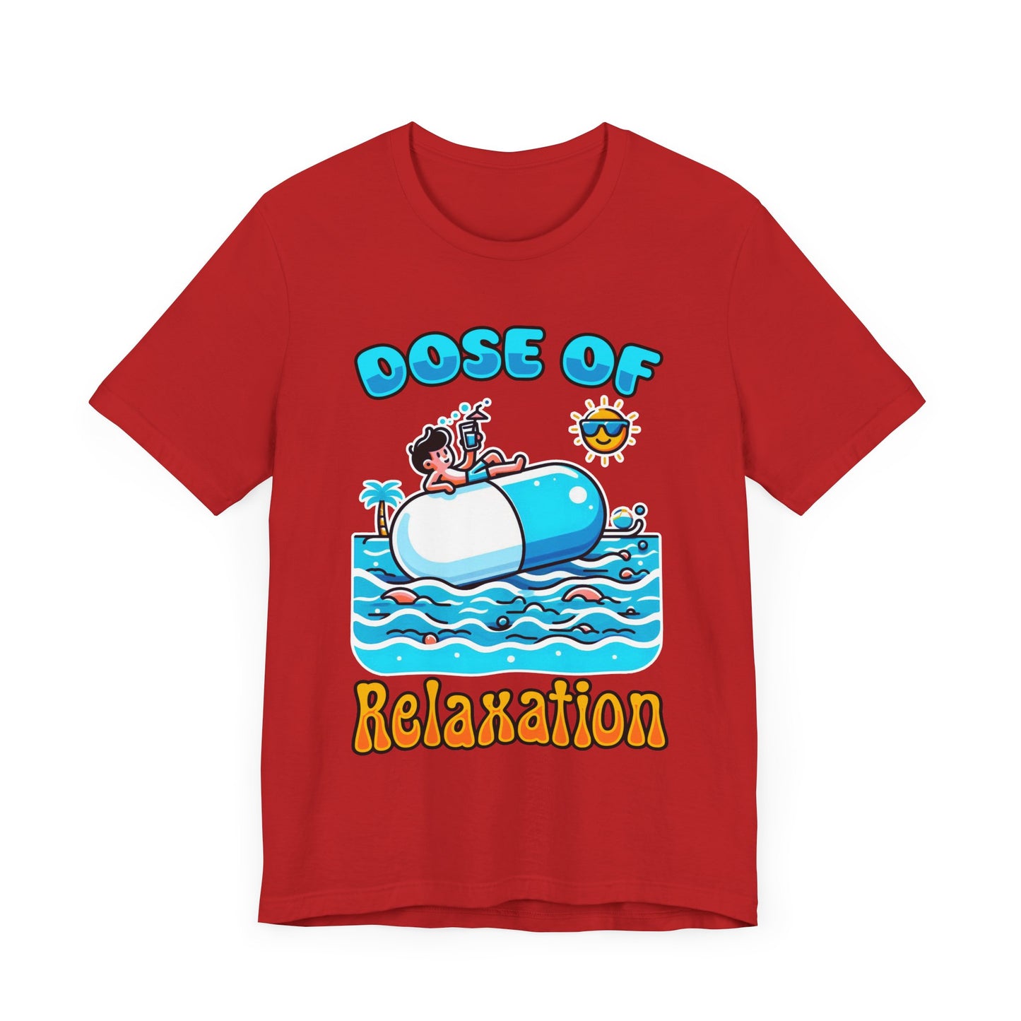 Dose of Relaxation | Boy Sitting on Pill Floating on Water with Drink, Sun & Palm Tree Graphic T-Shirt