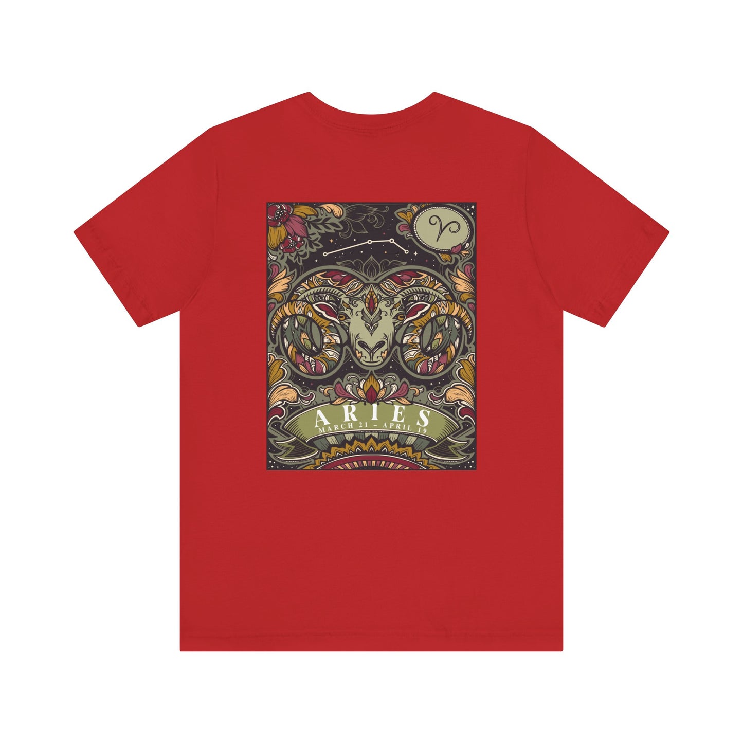 Aries Zodiac T-Shirt – Ram Head with Constellation and Floral Background