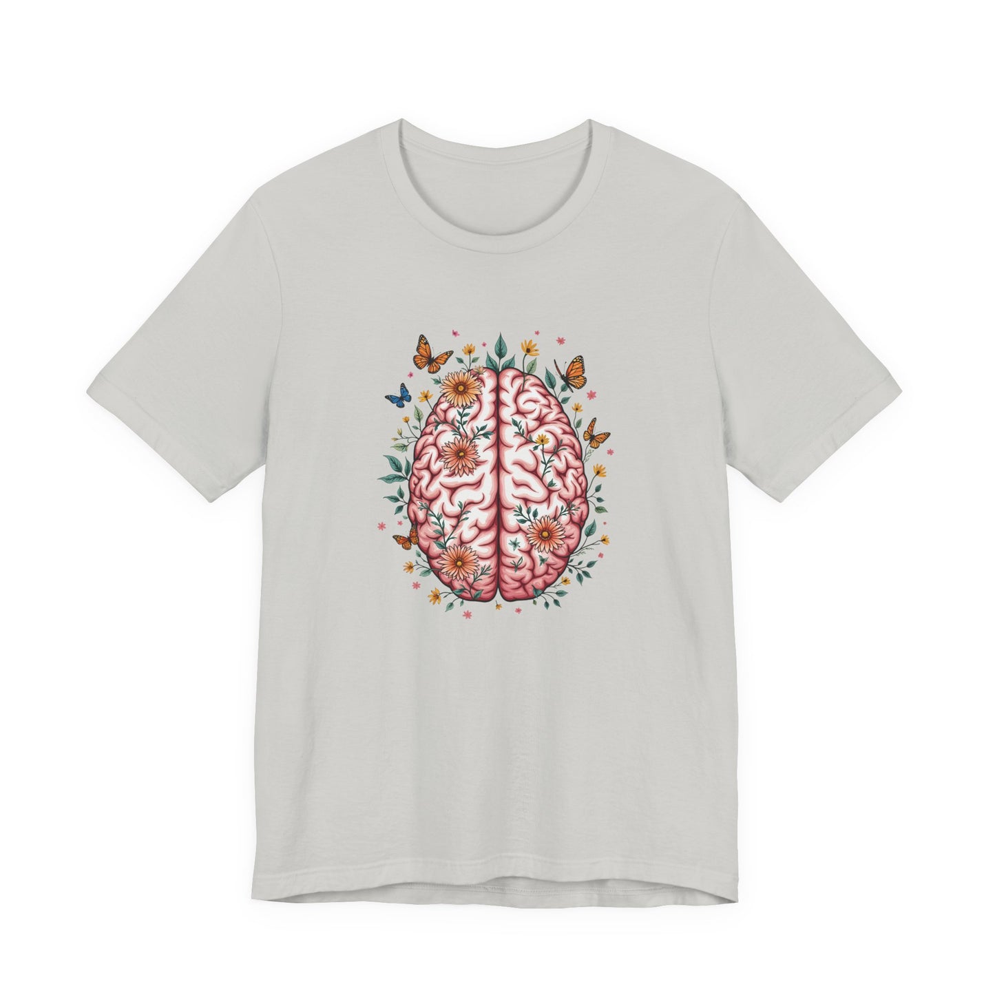 Human Brain with Flowers and Butterflies Tshirt – Artistic Floral Brain Graphic