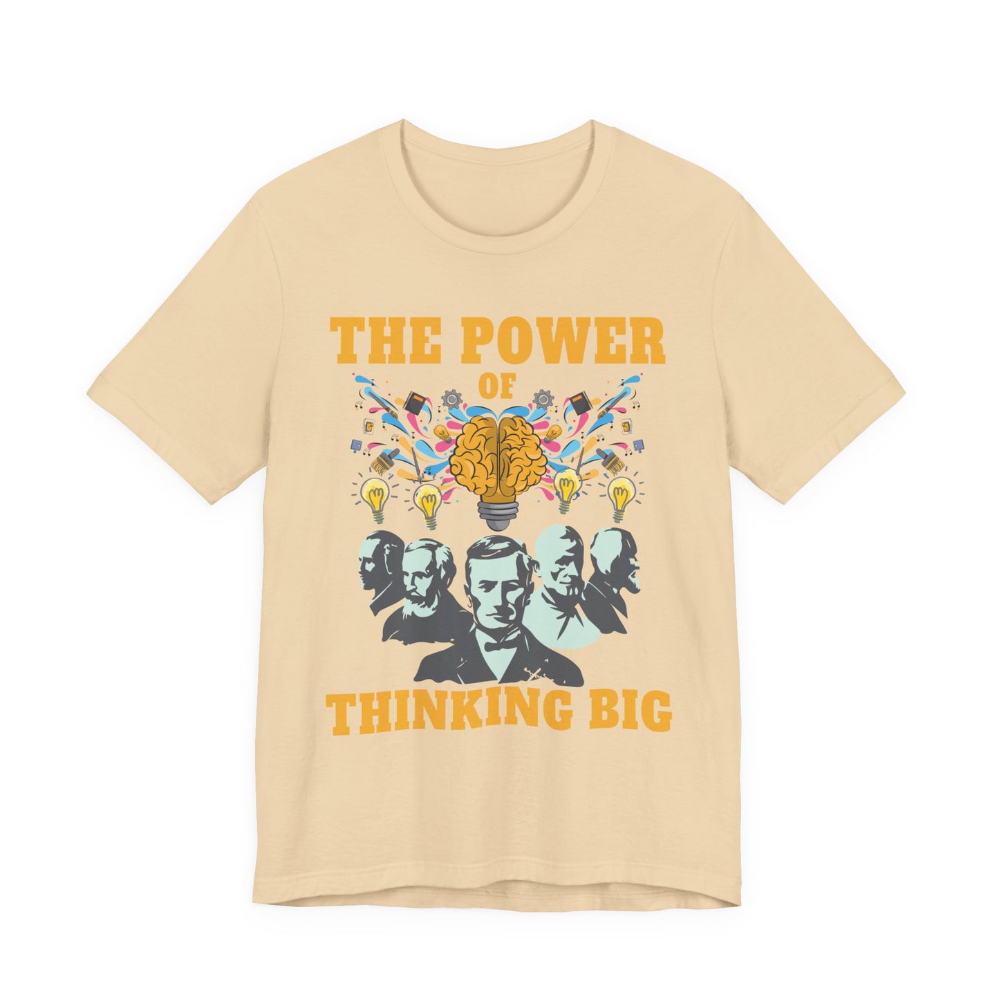 The Power of Thinking Big Tshirt – Brain with Great Scientists and Glowing Bulb Graphic