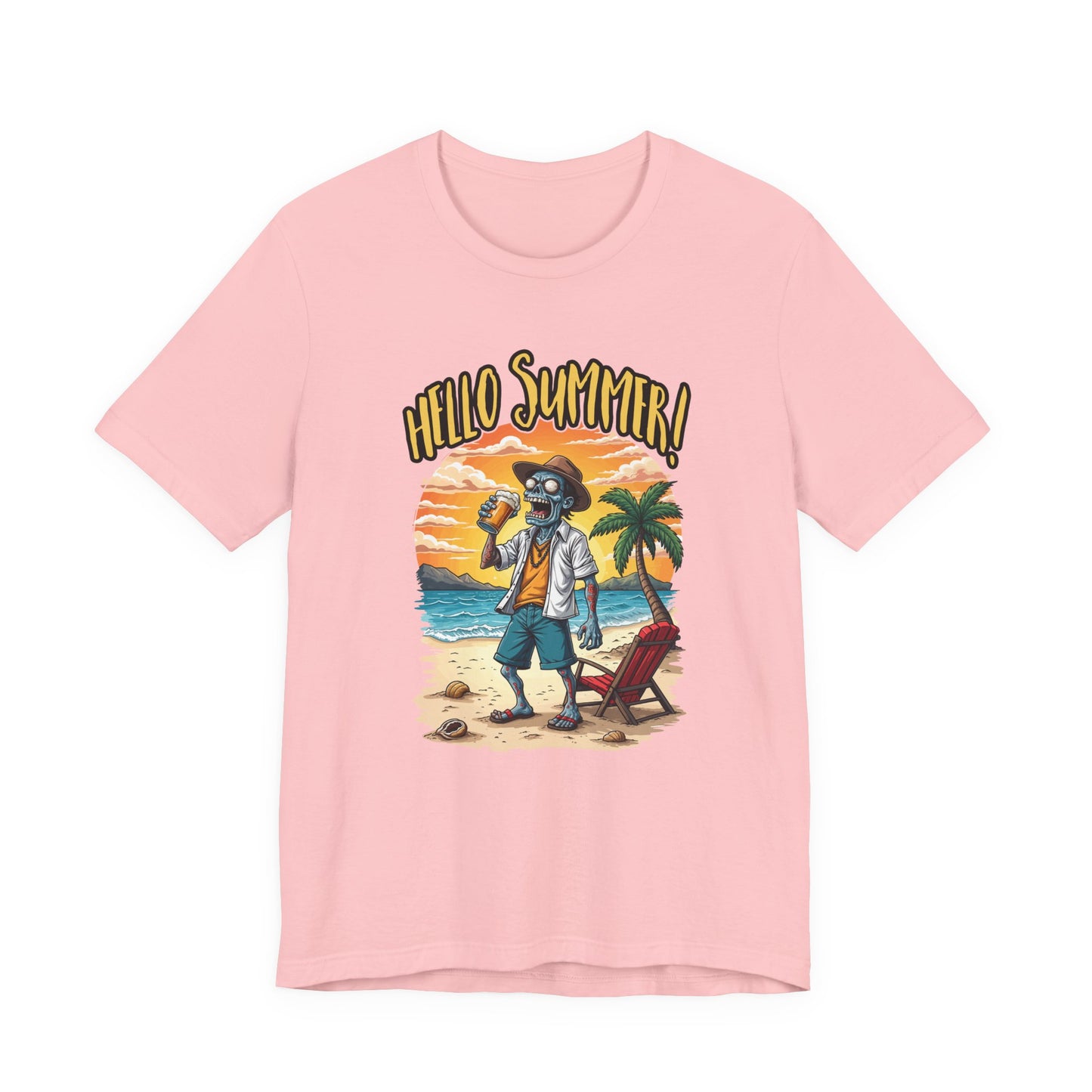Hello Summer Tshirt Old Zombie with Cap, Beer Glass, Beach, Palm Trees & Reclining Chair