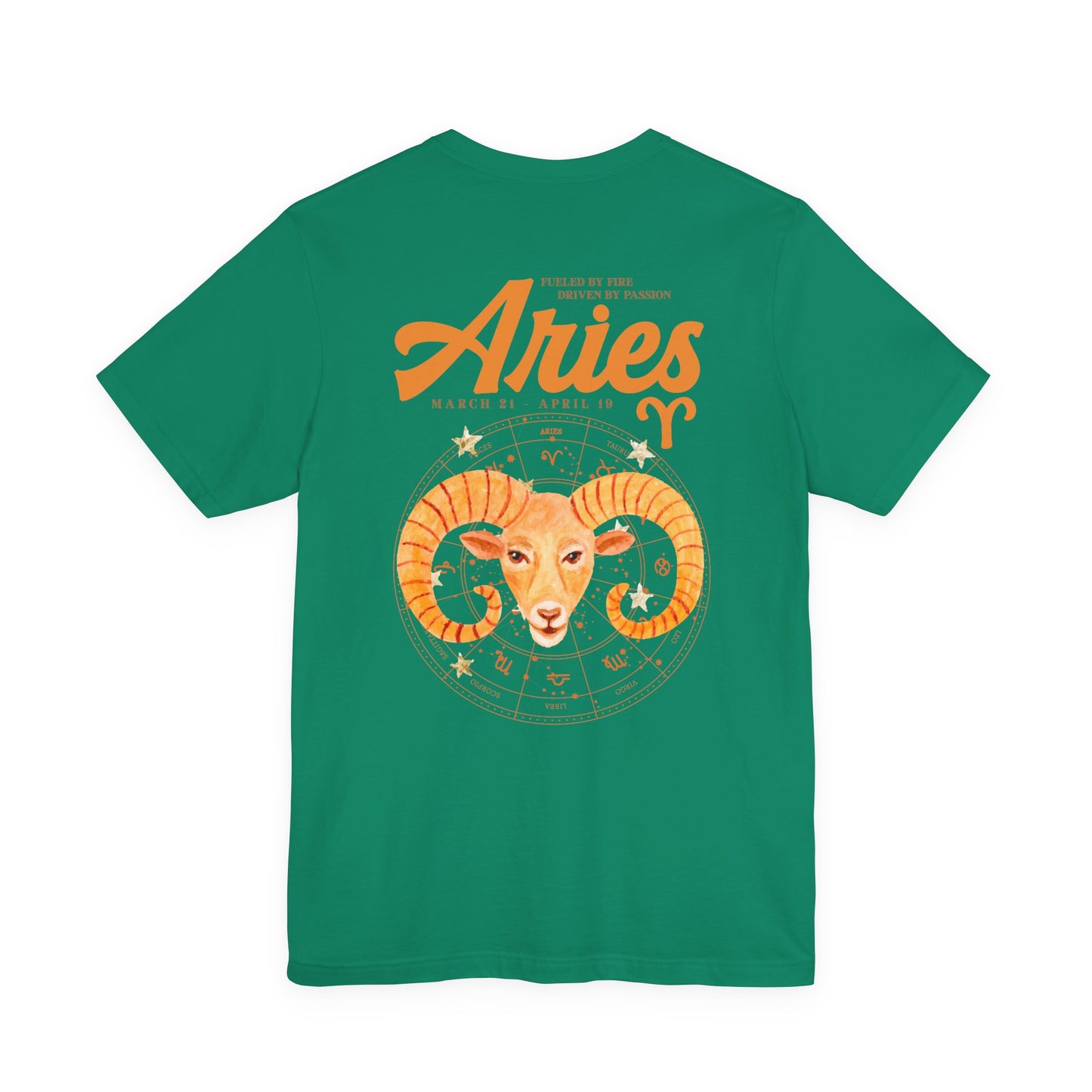 Aries Fueled by Fire T-Shirt – Ram Head with Zodiac Astrological Wheel