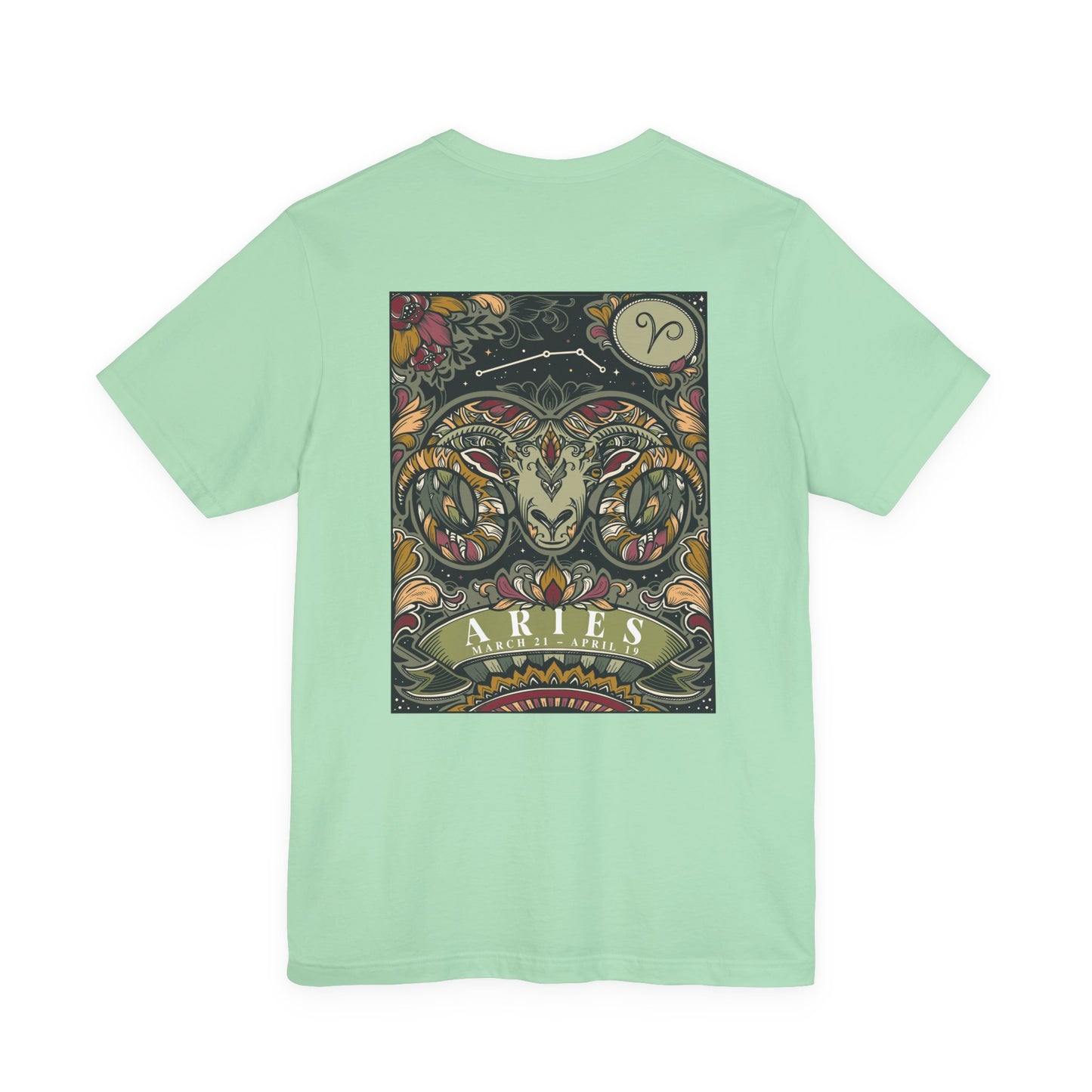 Aries Zodiac T-Shirt – Ram Head with Constellation and Floral Background