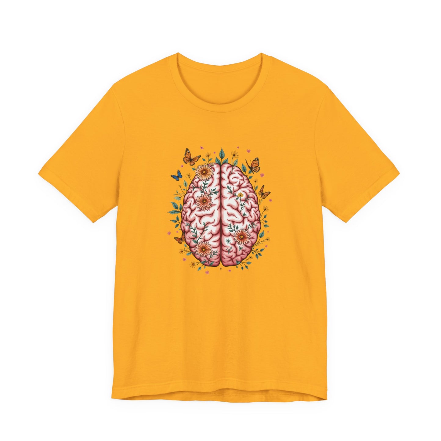 Human Brain with Flowers and Butterflies Tshirt – Artistic Floral Brain Graphic