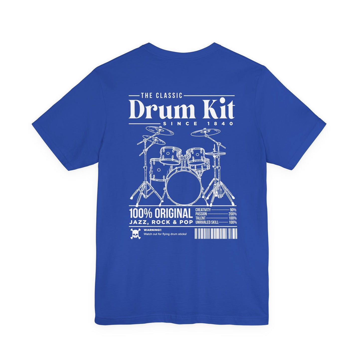 The Classic Drum Kit T-Shirt – Vintage Design with Bold Music Stats & Warning