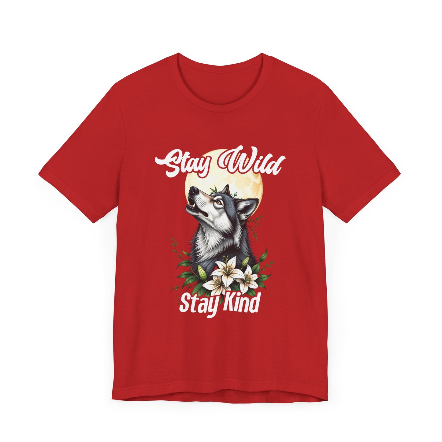 Stay Wild Stay Kind Wolf T-Shirt – Moon and Flower Nature Graphic