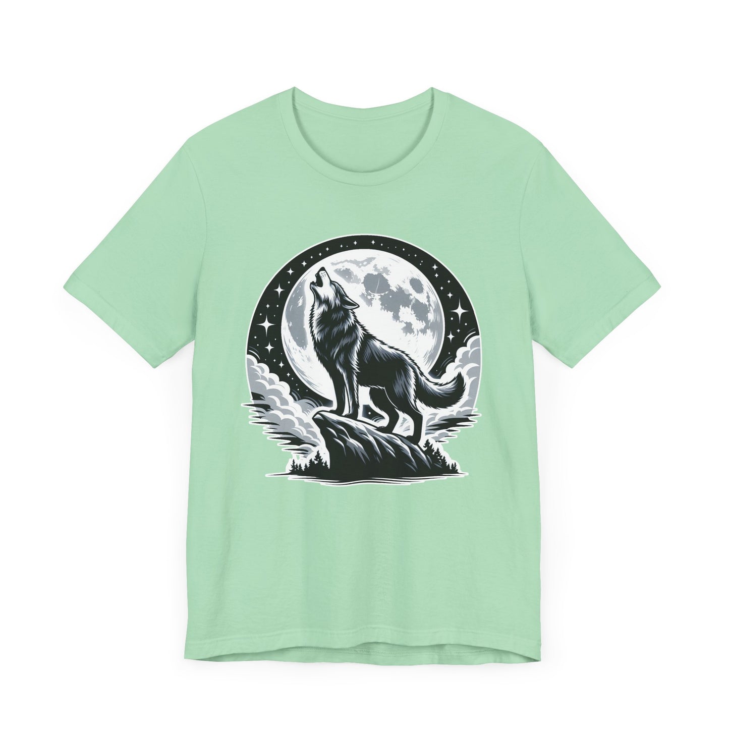 Mystical and Wild - Wolf Howling on Mountain Edge with Full Moon and Stars Graphic T-Shirt