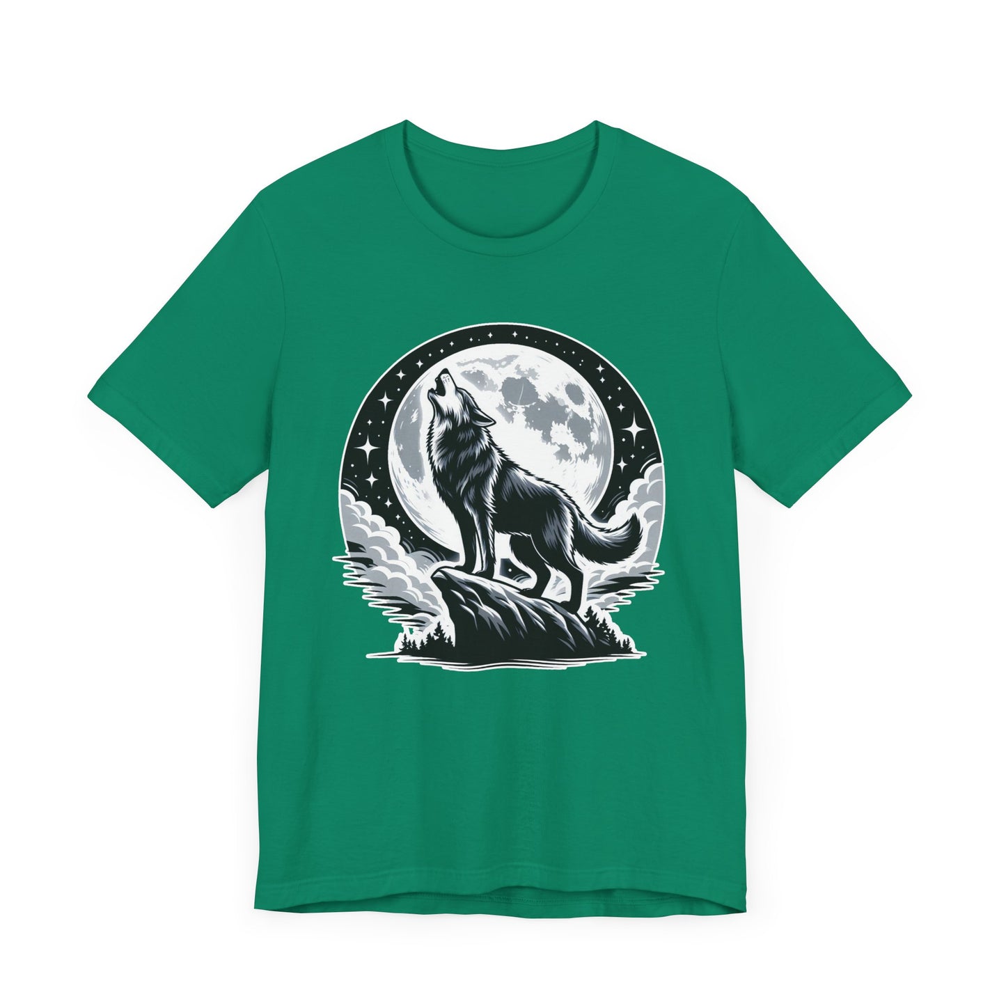 Mystical and Wild - Wolf Howling on Mountain Edge with Full Moon and Stars Graphic T-Shirt