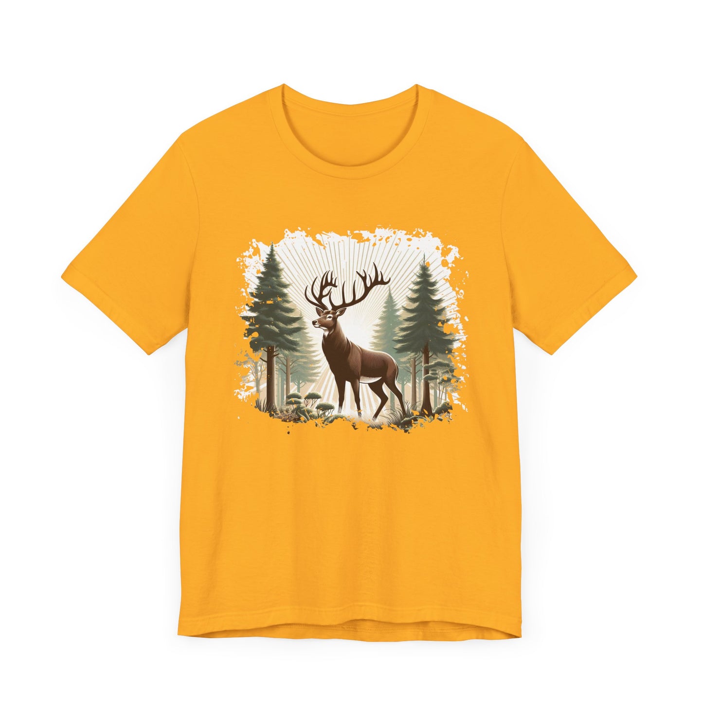 Majestic Deer with Large Antlers | Sunlight Through Foggy Forest Graphic T-Shirt