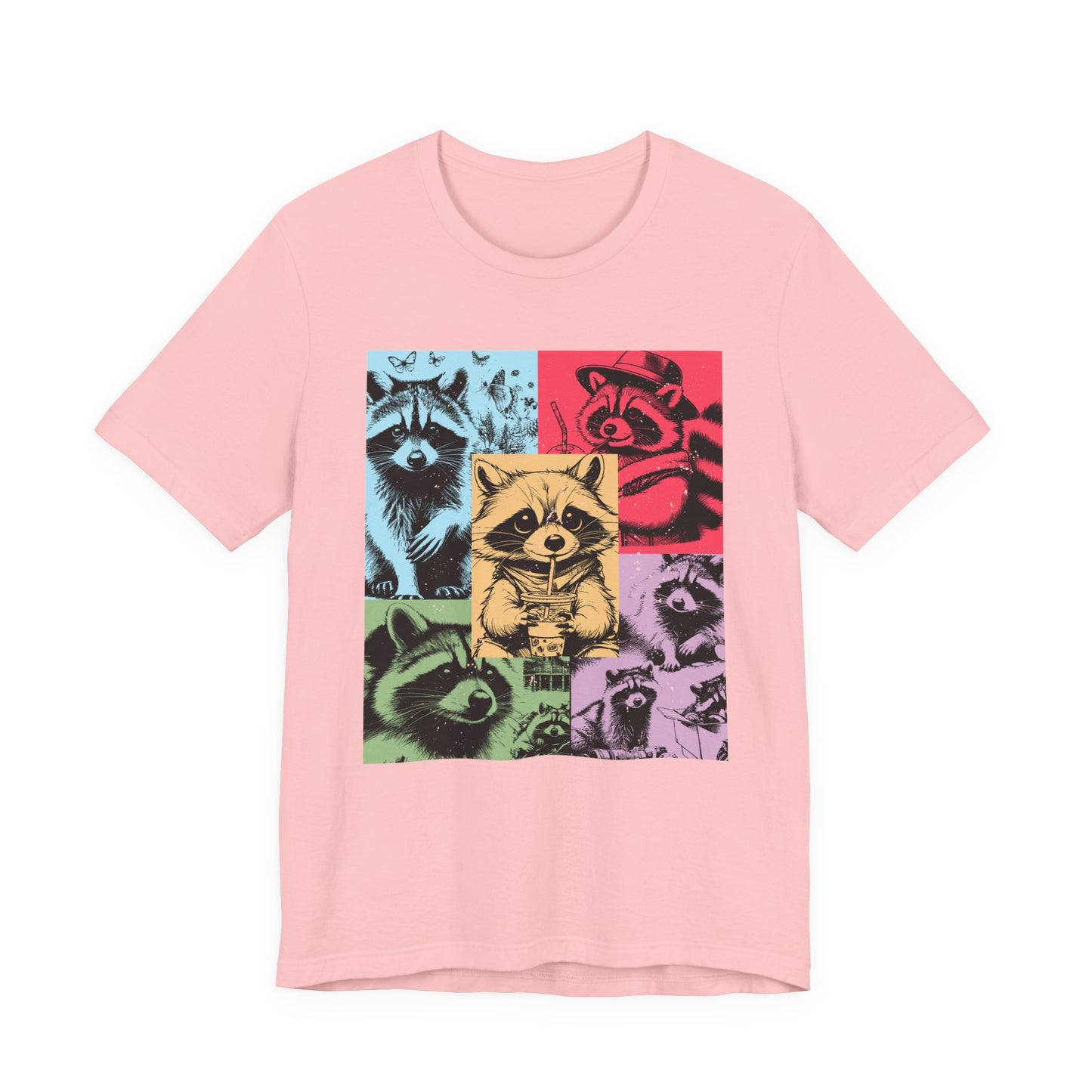 Colorful Raccoons T-Shirt – Playful Multi-Color Raccoons with Sipping Raccoon Graphic