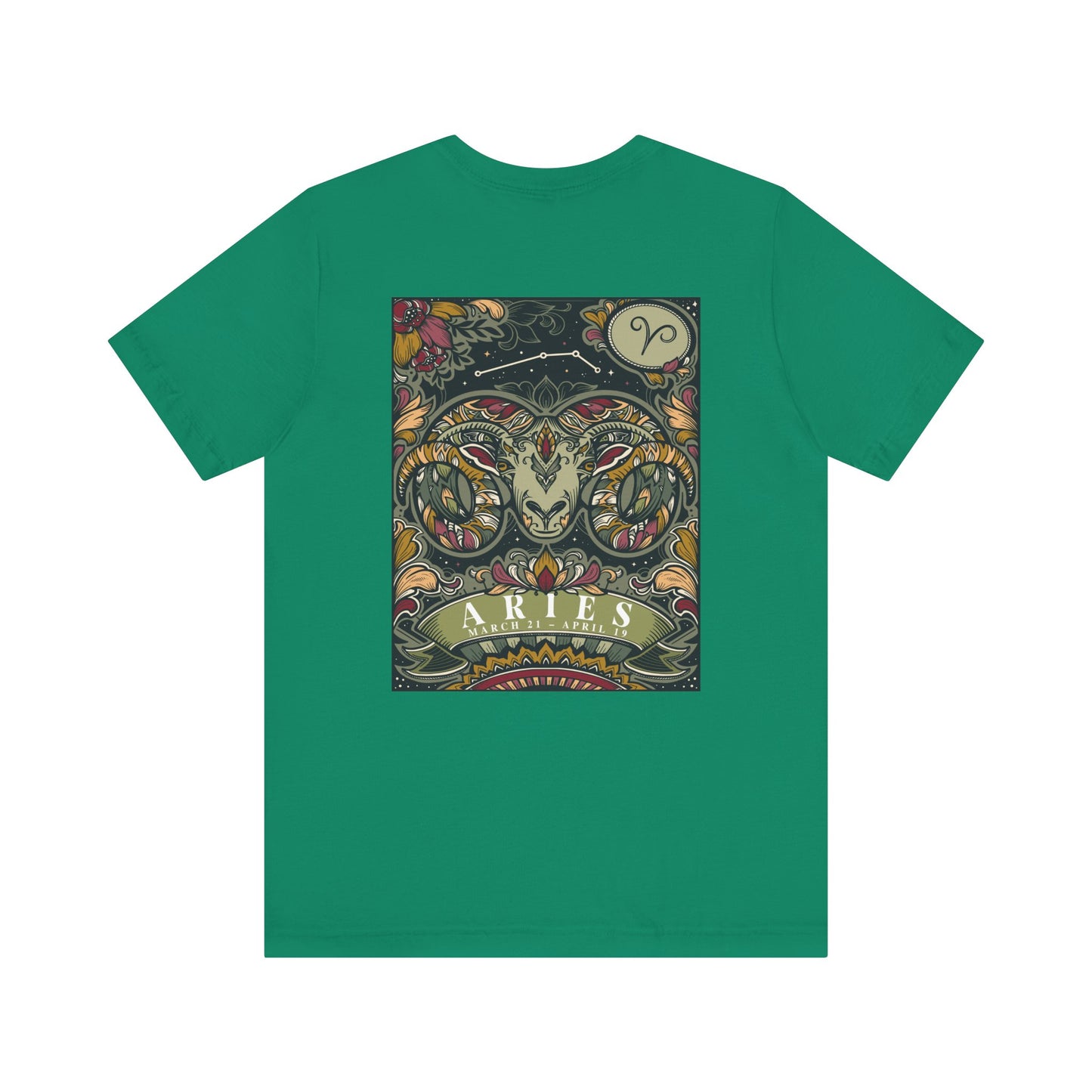 Aries Zodiac T-Shirt – Ram Head with Constellation and Floral Background