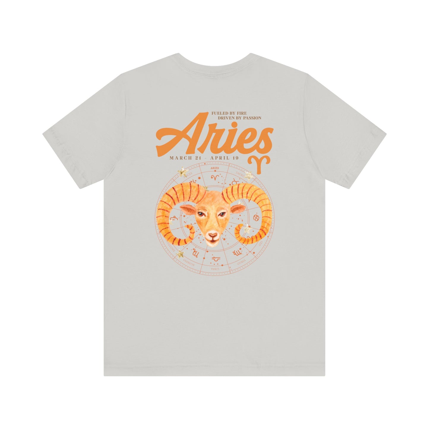 Aries Fueled by Fire T-Shirt – Ram Head with Zodiac Astrological Wheel