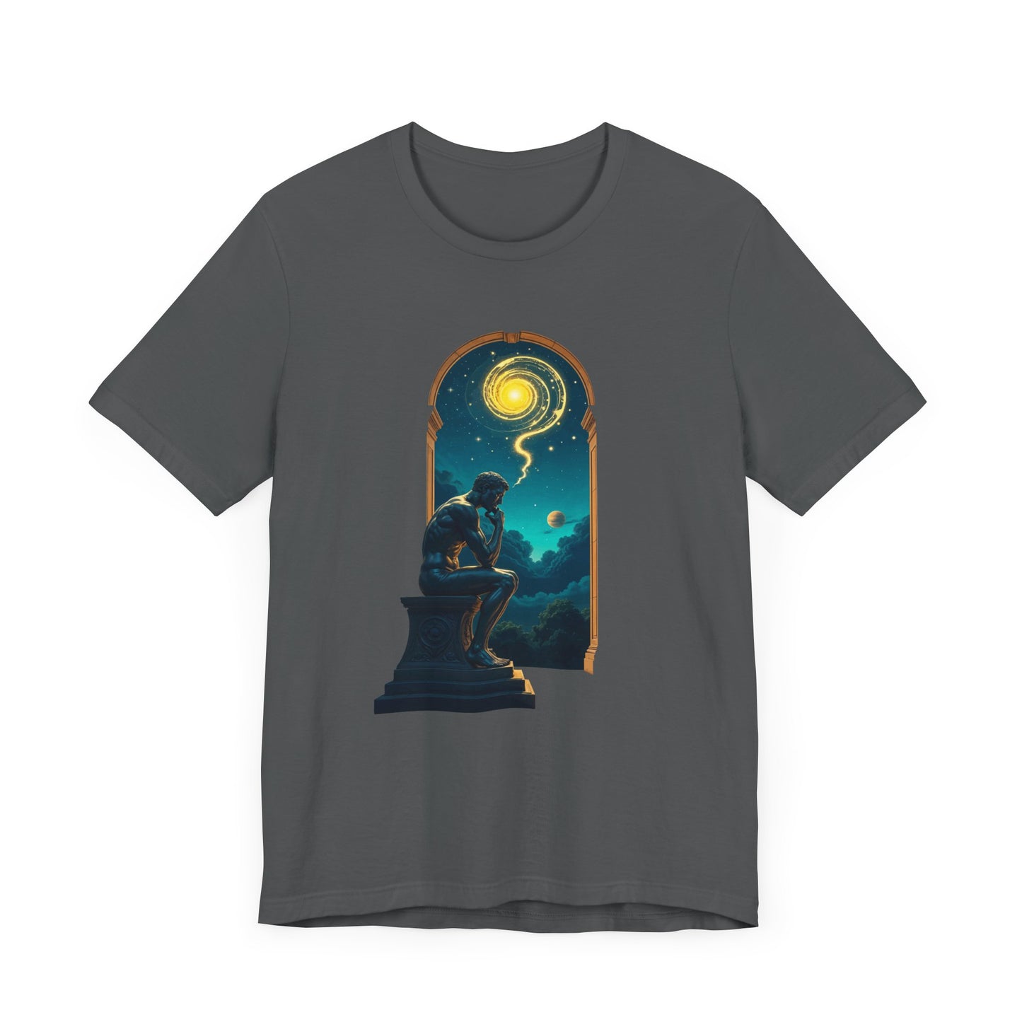 Muscular Statue Deep in Thought on Stage with Scenic Window View Graphic T-Shirt