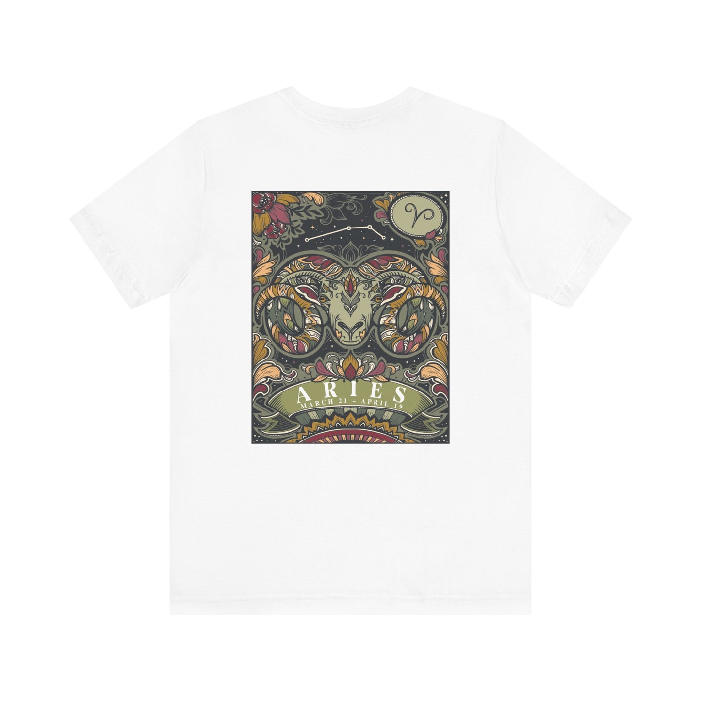 Aries Zodiac T-Shirt – Ram Head with Constellation and Floral Background