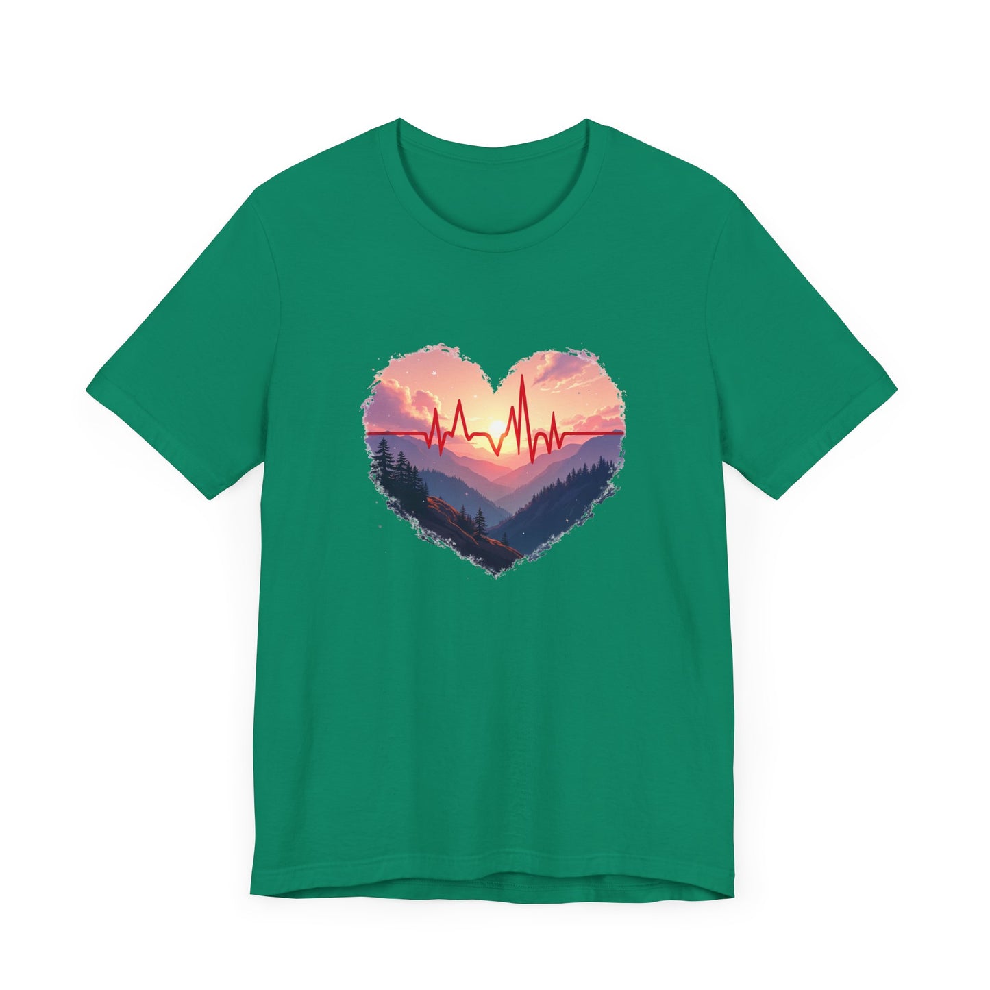 Heart-Shaped Majestic Mountains Landscape with Bold Red Lifeline Graphic T-Shirt