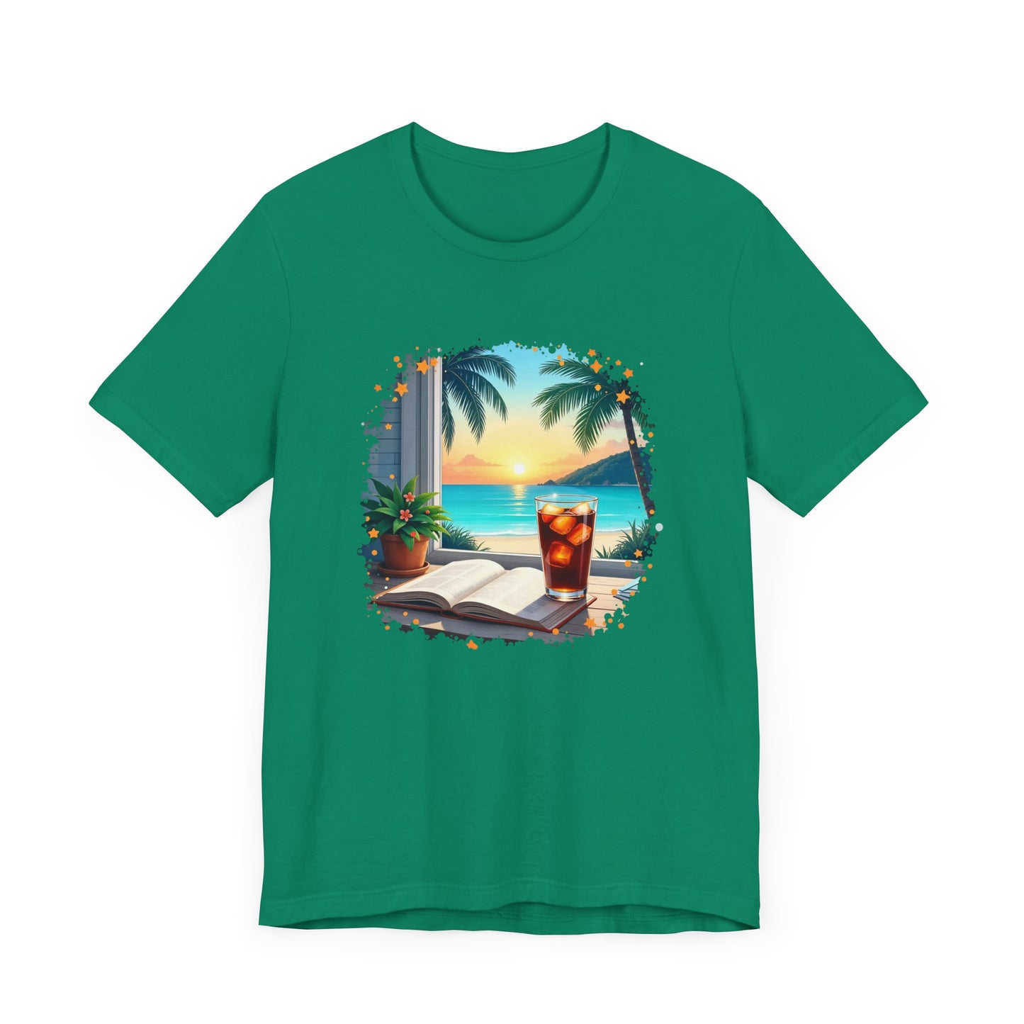 Romanticize Everything - Beachside Serenity – Table with Book, Drink & Flower Pot by Window Graphic T-Shirt