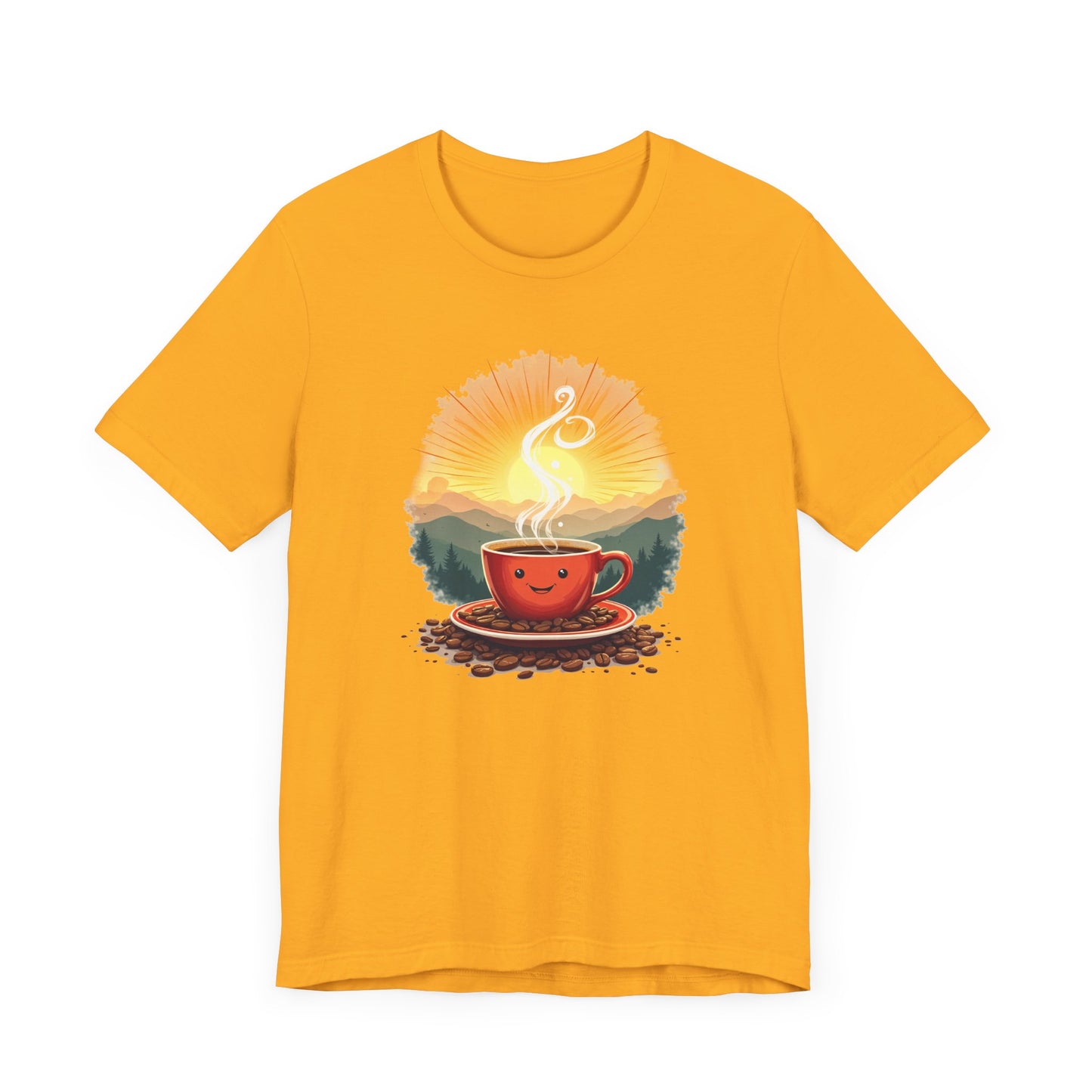 Sunrise Coffee Cup with Coffee Beans and Radiant Morning Glow Graphic T-Shirt